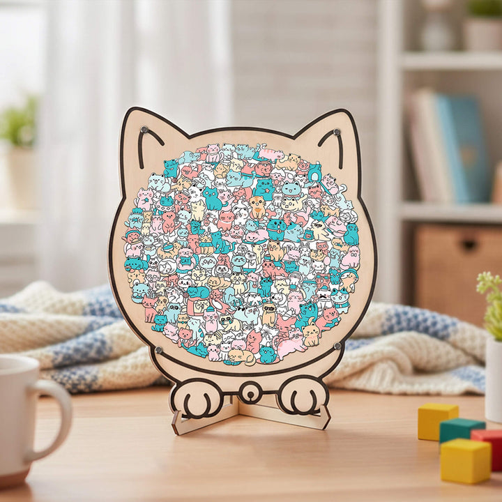 Morandi-Colored Lovely Cat Shaped Wooden Jigsaw Puzzle