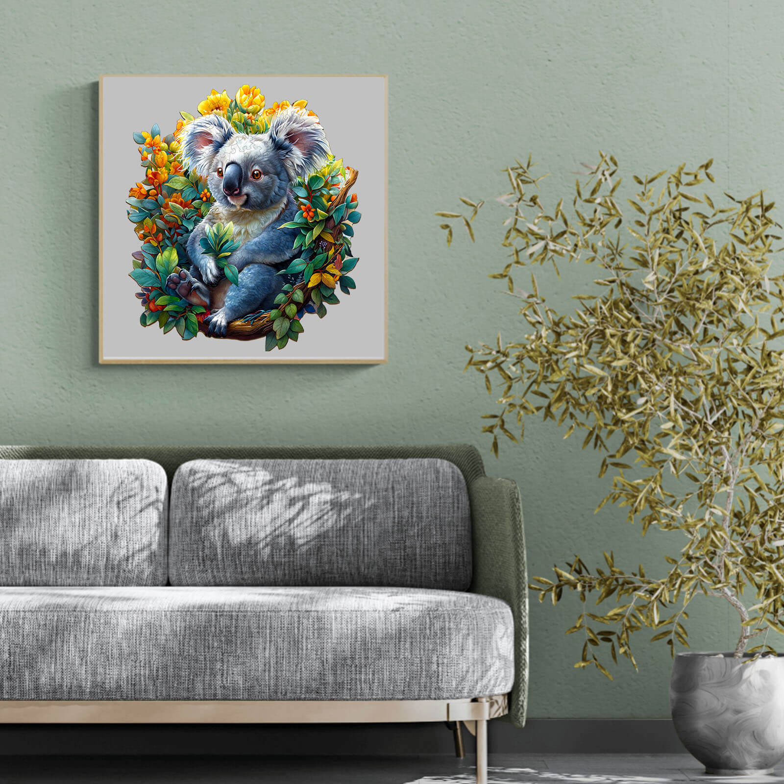 Colorful koala artwork surrounded by flowers on a gray wall, enhancing a modern living room decor.