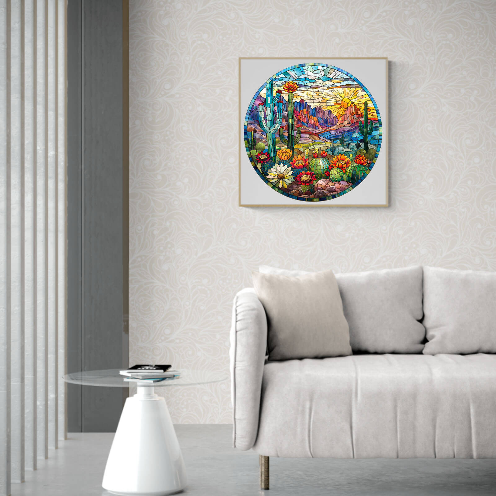 Colorful Stained Glass Cactus puzzle art displayed in a stylish living room setting.