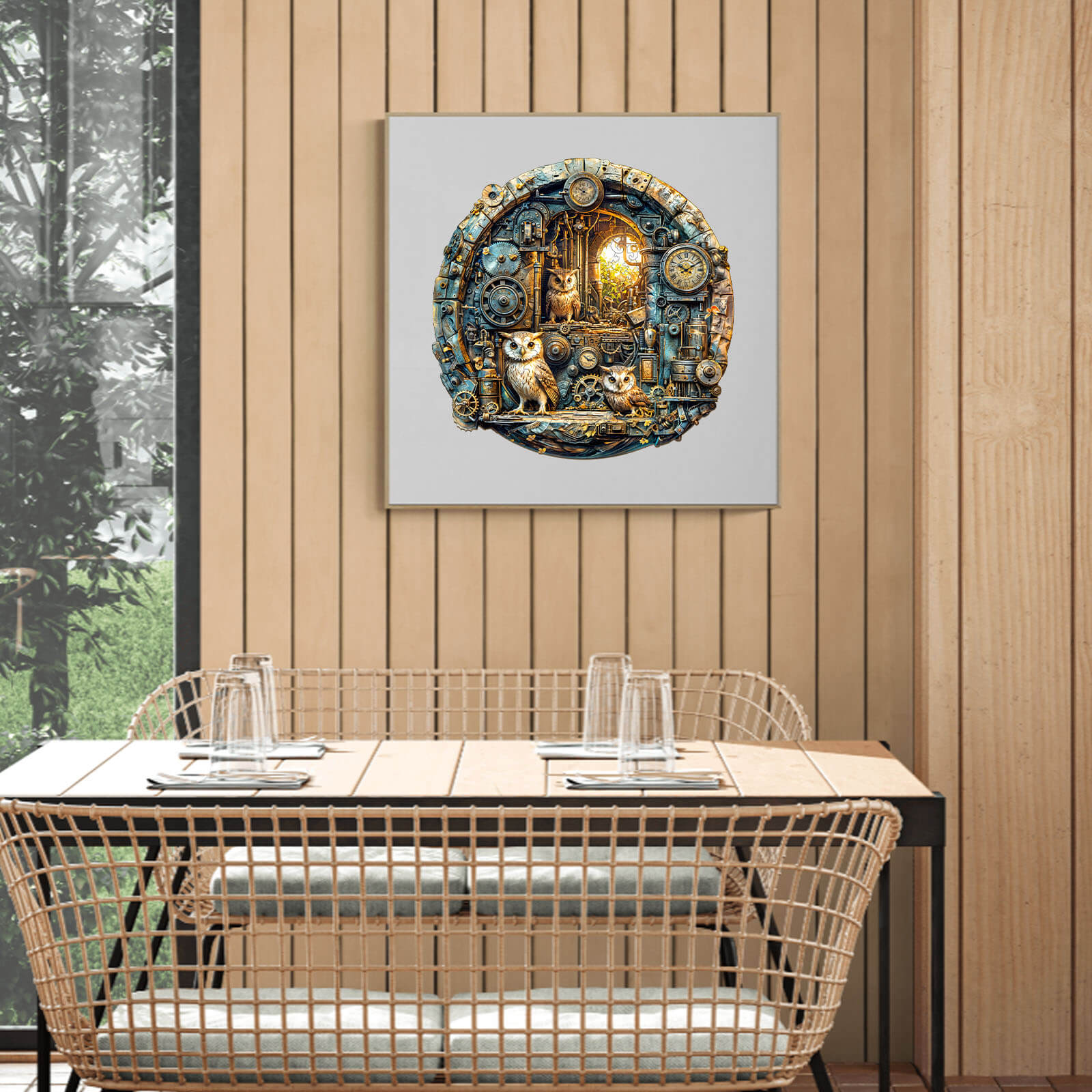 Steampunk Owl wooden jigsaw puzzle art displayed in a cozy dining area, enhancing focus and creativity.