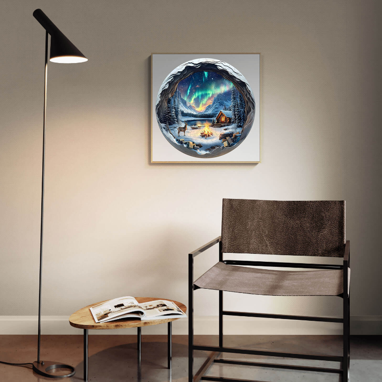Cozy living room featuring 3D Aurora World Wooden Jigsaw Puzzle depicting the Northern Lights and a serene cabin scene.