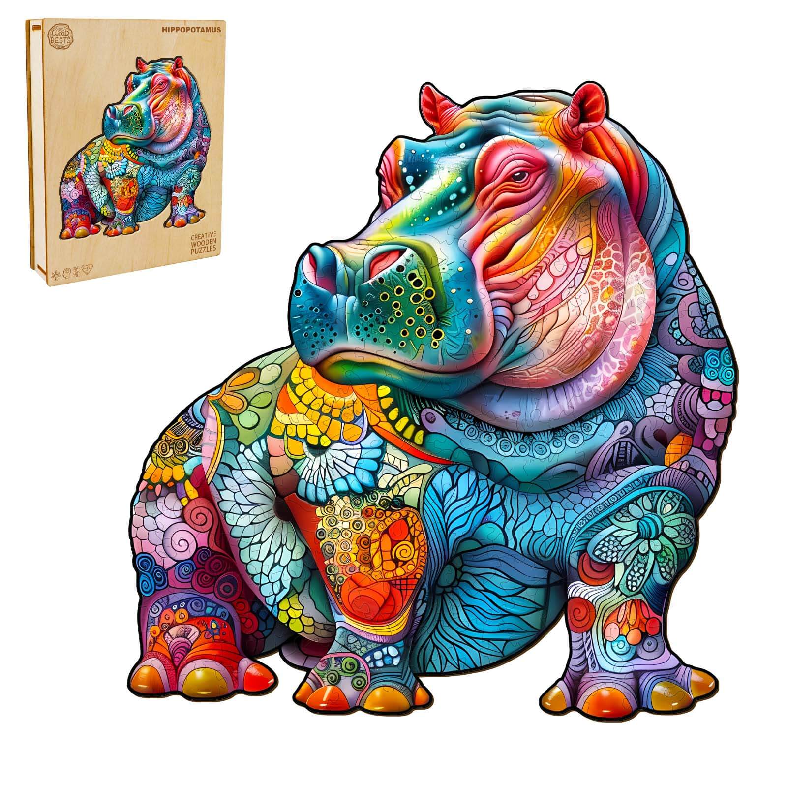 Colorful Hippopotamus Wooden Jigsaw Puzzle for mental focus and mind games, designed for puzzle enthusiasts.