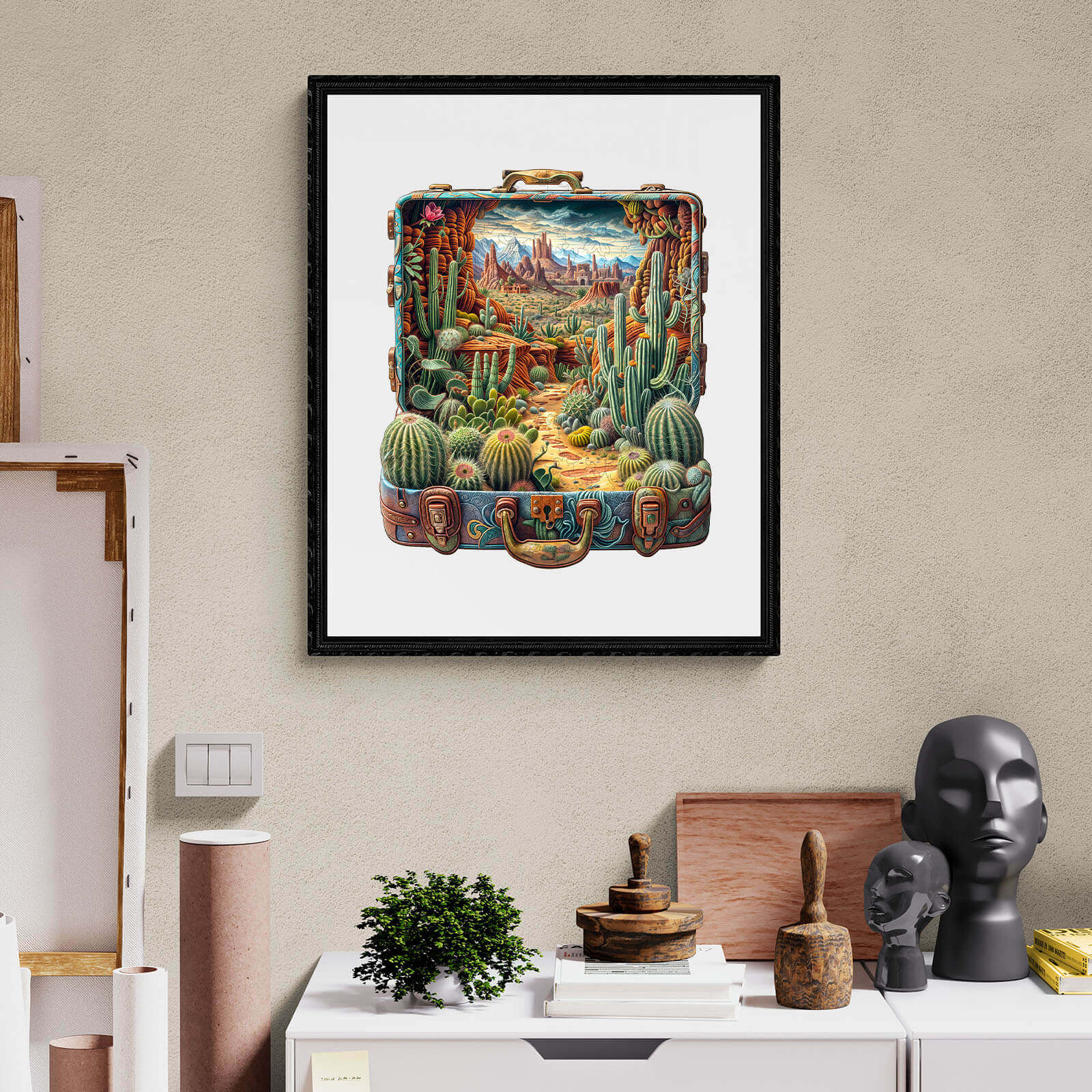 Colorful Desert Odyssey-2 wooden jigsaw puzzle art showcasing a vibrant desert scene with cacti and mountains.