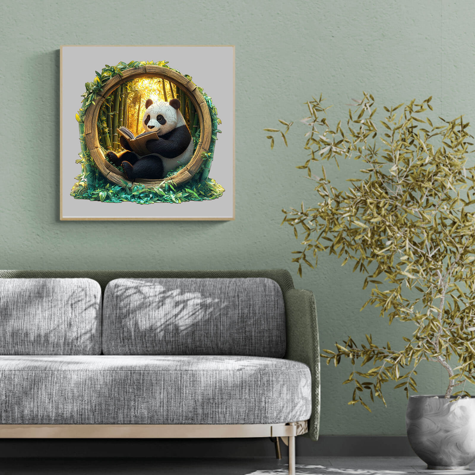 3D wooden puzzle image featuring a panda reading inside a bamboo grove, adding charm to home decor.