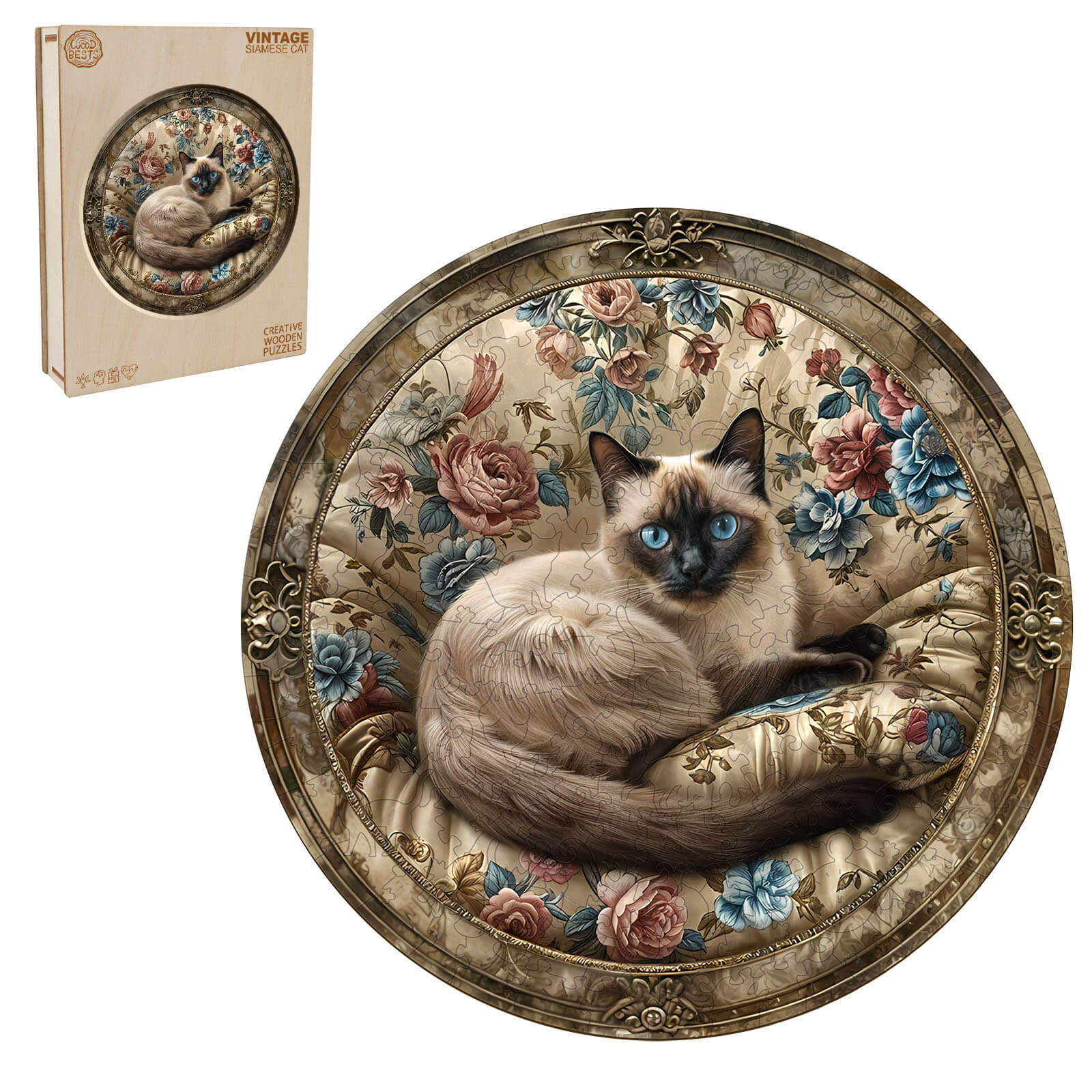 Vintage Siamese cat wooden jigsaw puzzle featuring a beautifully detailed illustration against floral backdrop.