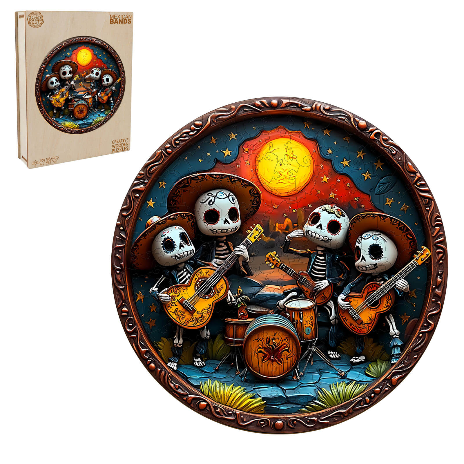 3D Mexican Bands wooden jigsaw puzzle featuring skeleton musicians in vibrant colors on a nighttime landscape.