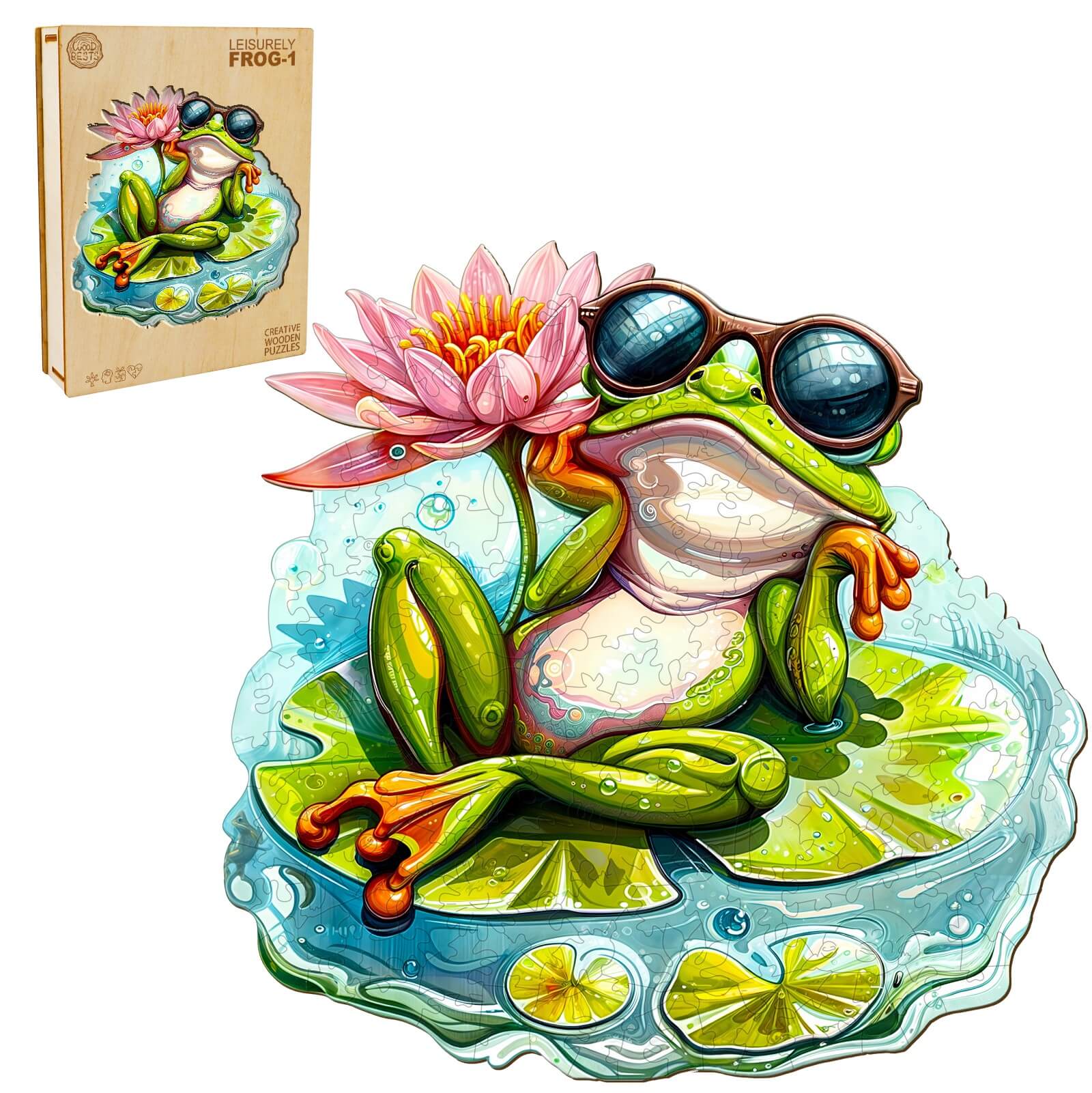 Leisurely Frog-1 wooden jigsaw puzzle featuring a cool frog relaxing on a lily pad with a pink lotus, promoting focus and fun.