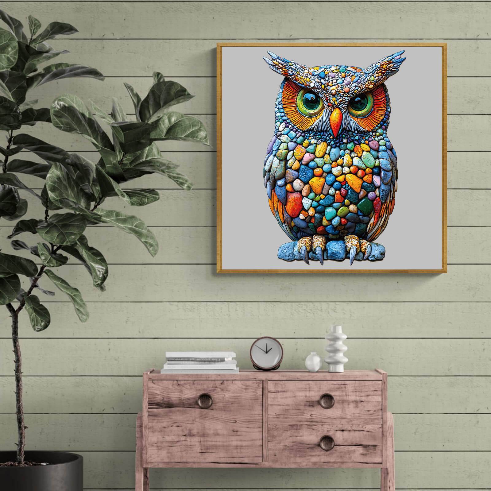 Colorful Stone Owl wooden puzzle art displayed in a cozy room setting with plants and furniture.