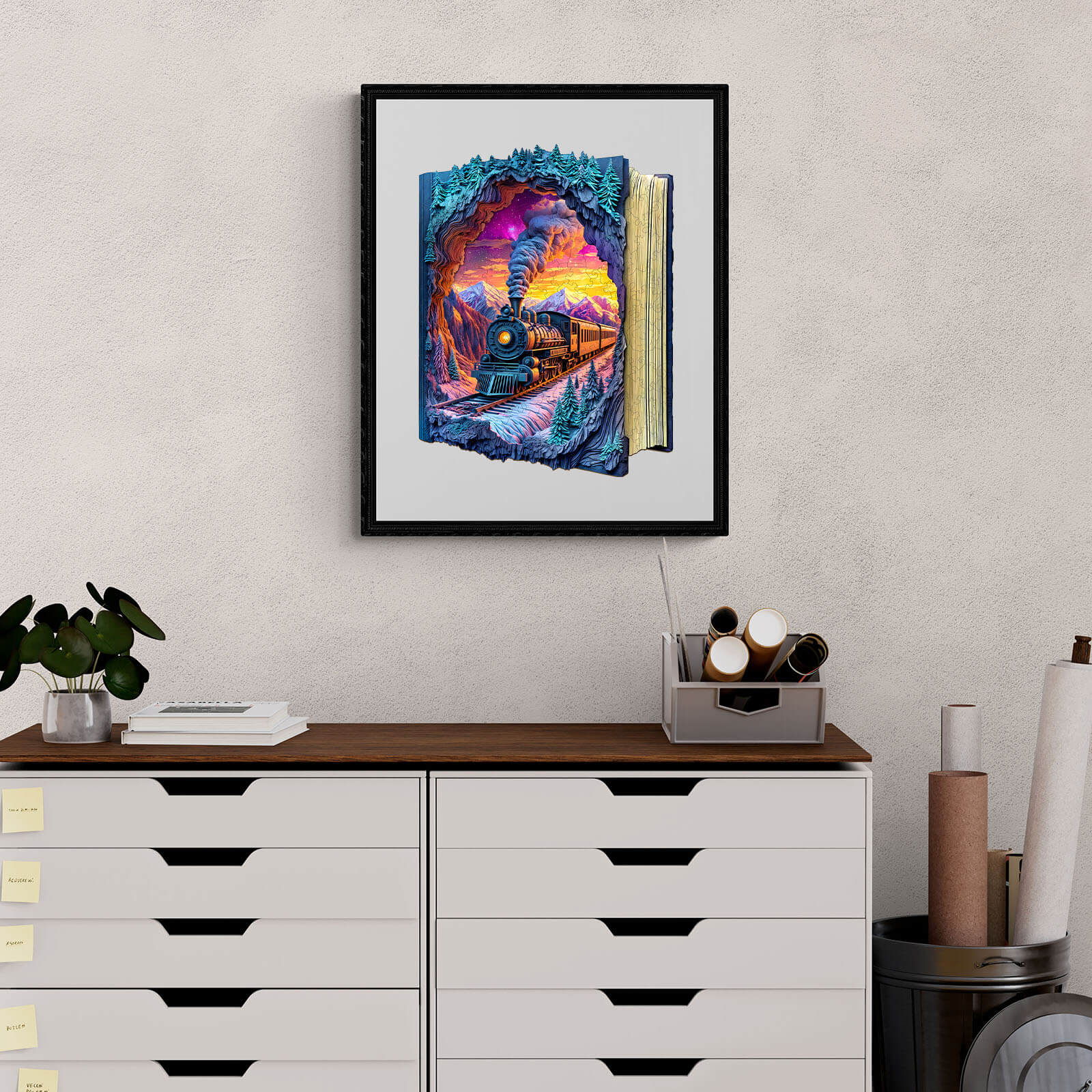 3D Aurora Train wooden jigsaw puzzle illustration featuring a train in a colorful landscape, framed on a wall.
