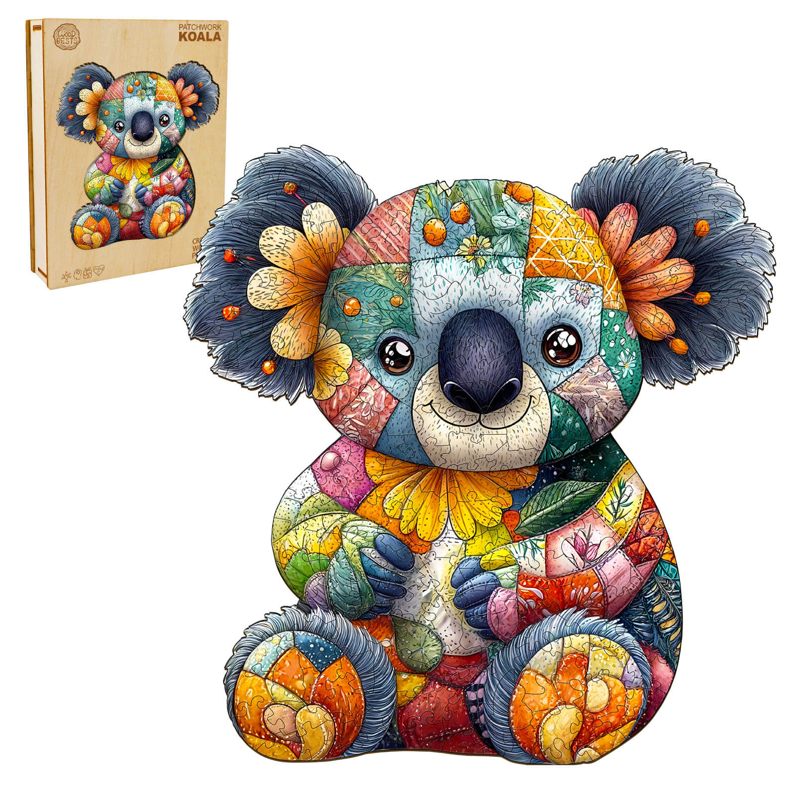 Patchwork Koala Wooden Jigsaw Puzzle displayed with vibrant colors and floral patterns, ideal for focus and mental engagement.