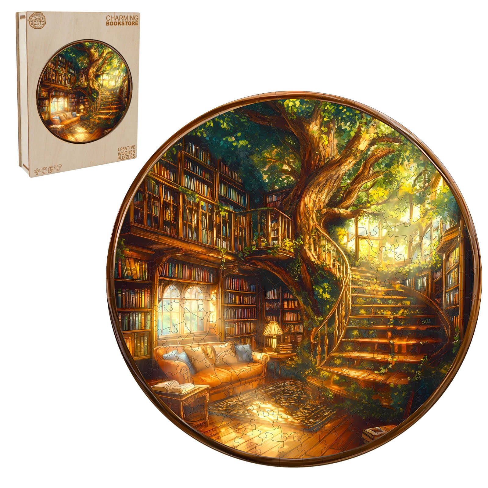 Charming Bookstore wooden jigsaw puzzle featuring a cozy library scene with a tree and staircase, perfect for enhancing focus and mindfulness.