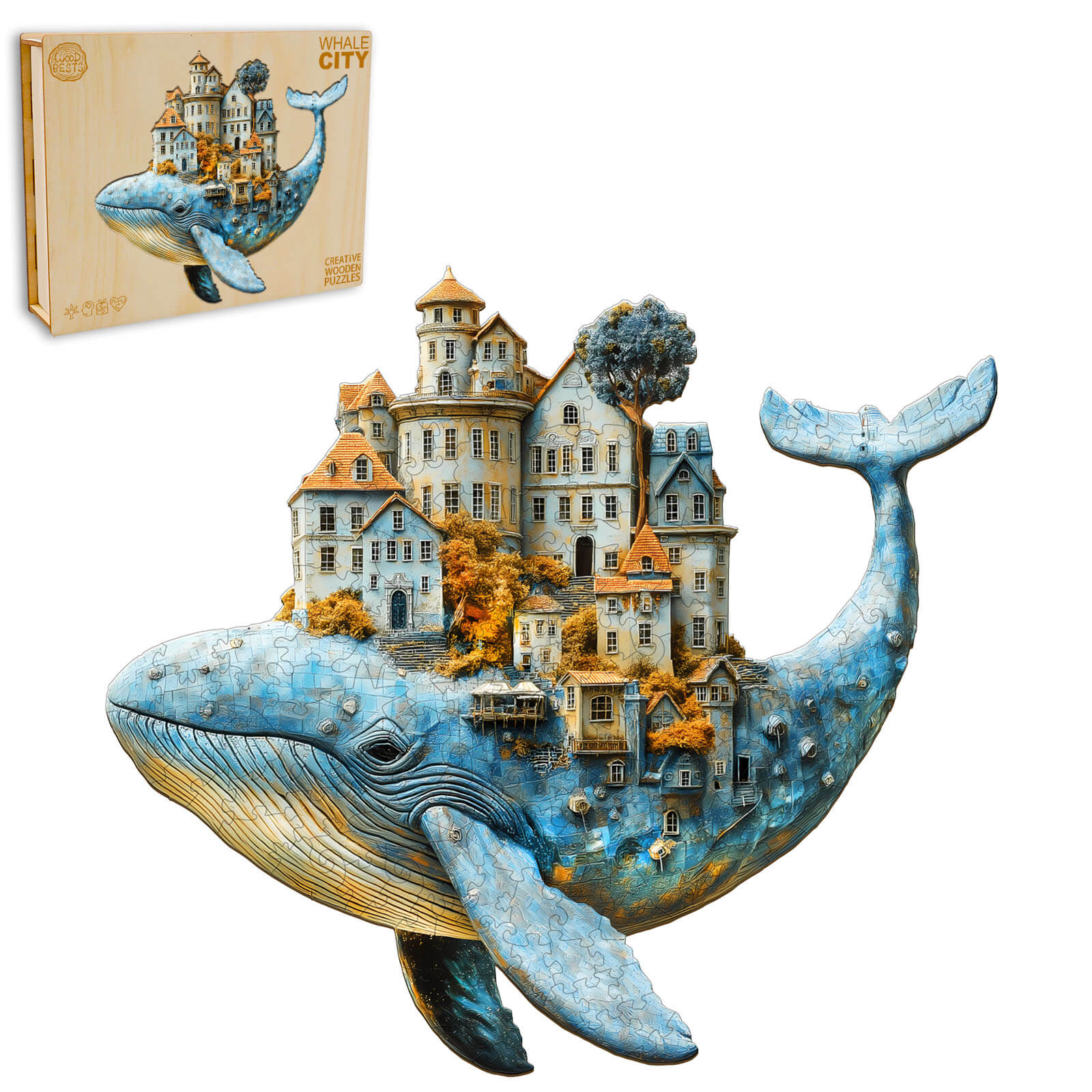3D Whale City Wooden Jigsaw Puzzle featuring a whale with buildings for an engaging mind game experience.