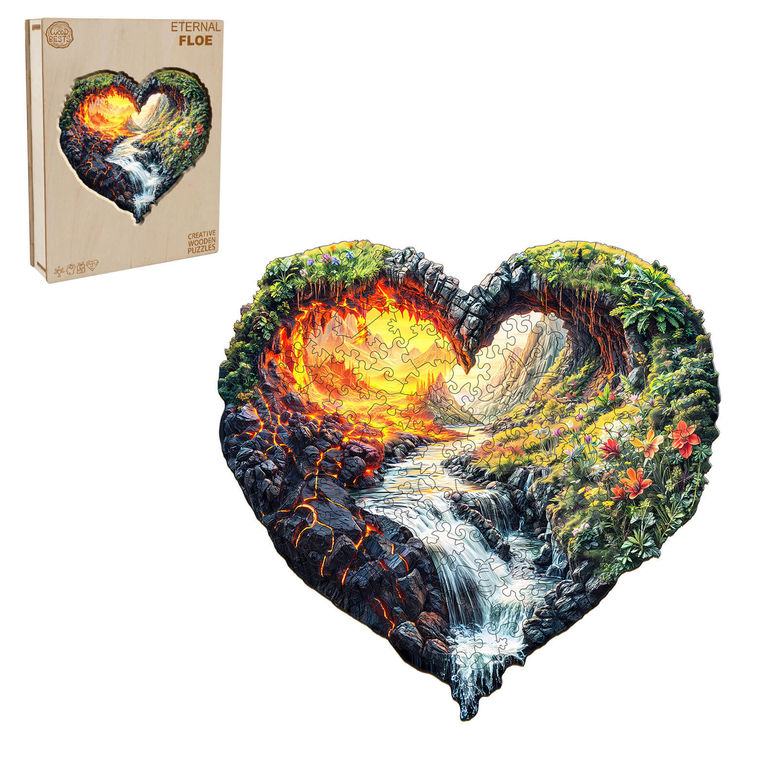 ETERNAL FLOW Wooden Jigsaw Puzzle in a heart shape with vibrant nature design, enhancing focus and mental skills.
