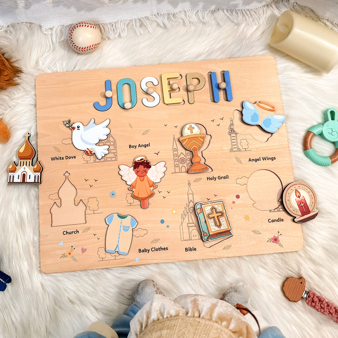 Personalized Wooden Name Puzzle - Baptism Boy Set for Toddlers