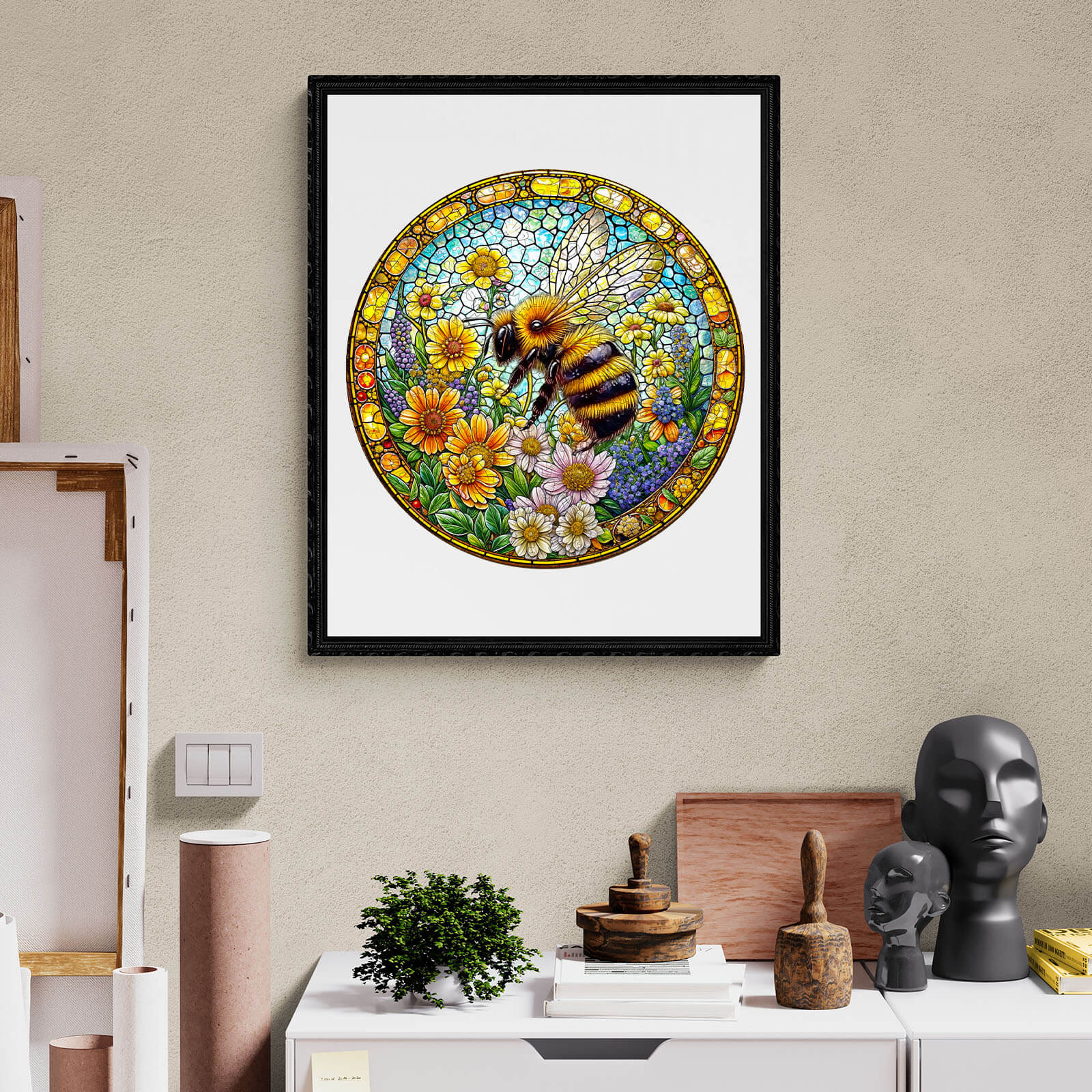 Bee spring wooden jigsaw puzzle artwork featuring a vibrant bee and colorful flowers in a decorative circular design.