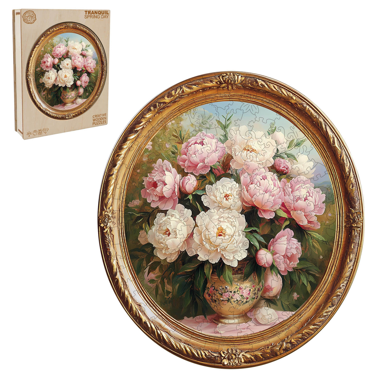 3D Tranquil Spring Day Wooden Jigsaw Puzzle featuring a floral vase with peonies and intricate gold framing.