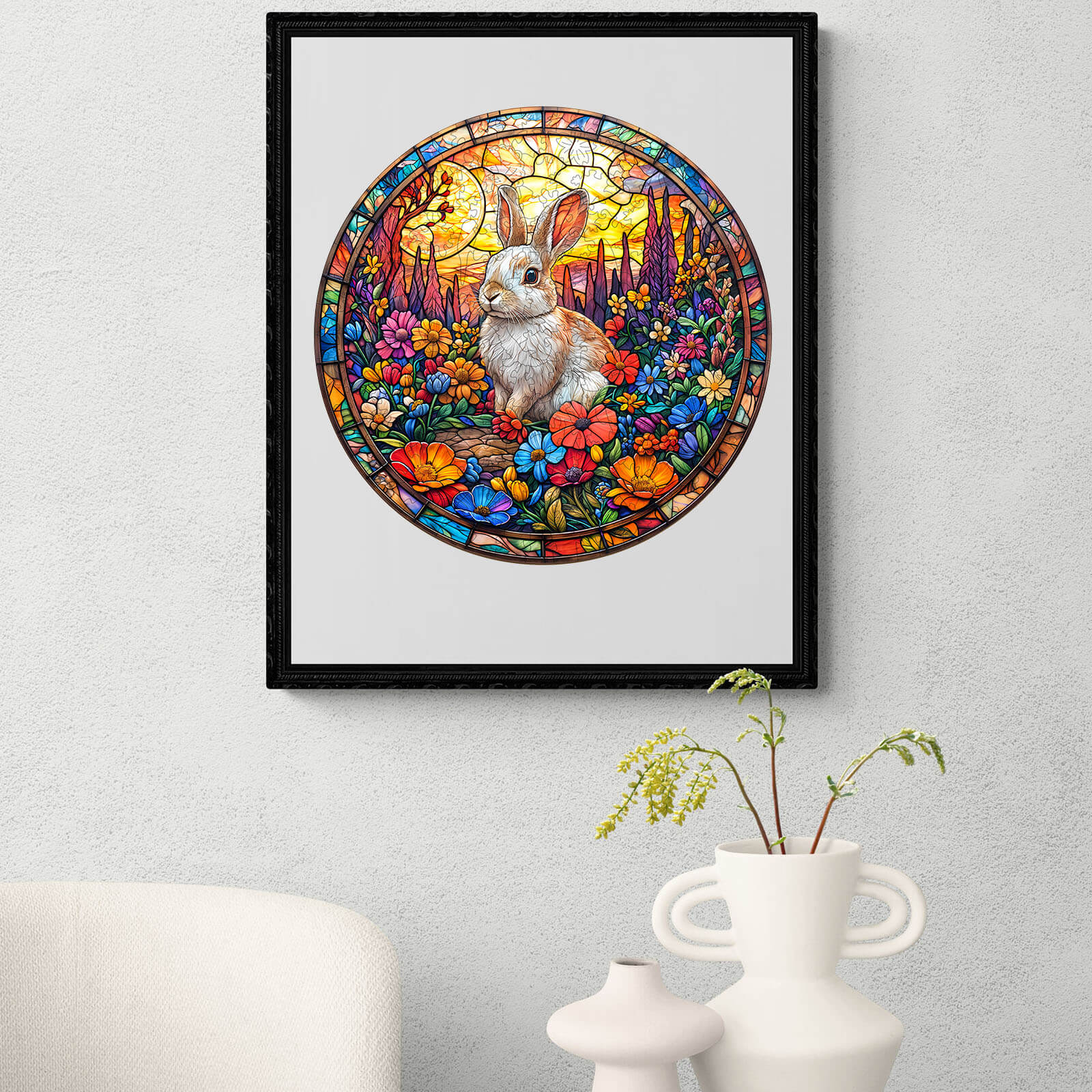 Colorful stained glass art featuring a rabbit surrounded by vibrant flowers in a circular frame.
