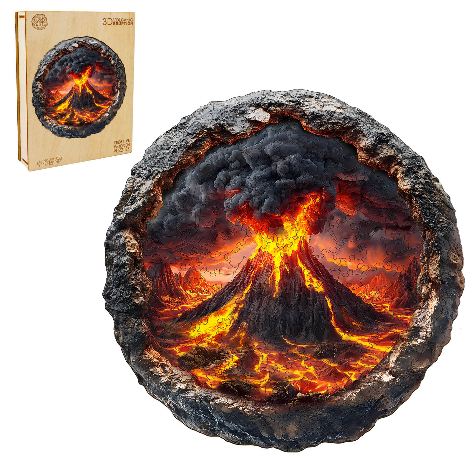 3D Volcanic Eruption Wooden Jigsaw Puzzle featuring erupting volcano design and puzzle box.