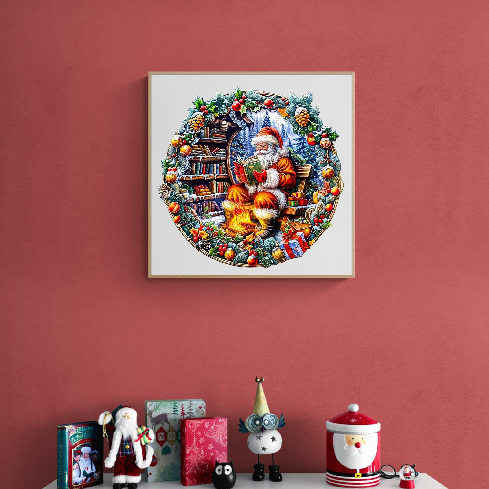 Fireside Santa wooden jigsaw puzzle, featuring Santa reading by the fireplace surrounded by festive decorations.