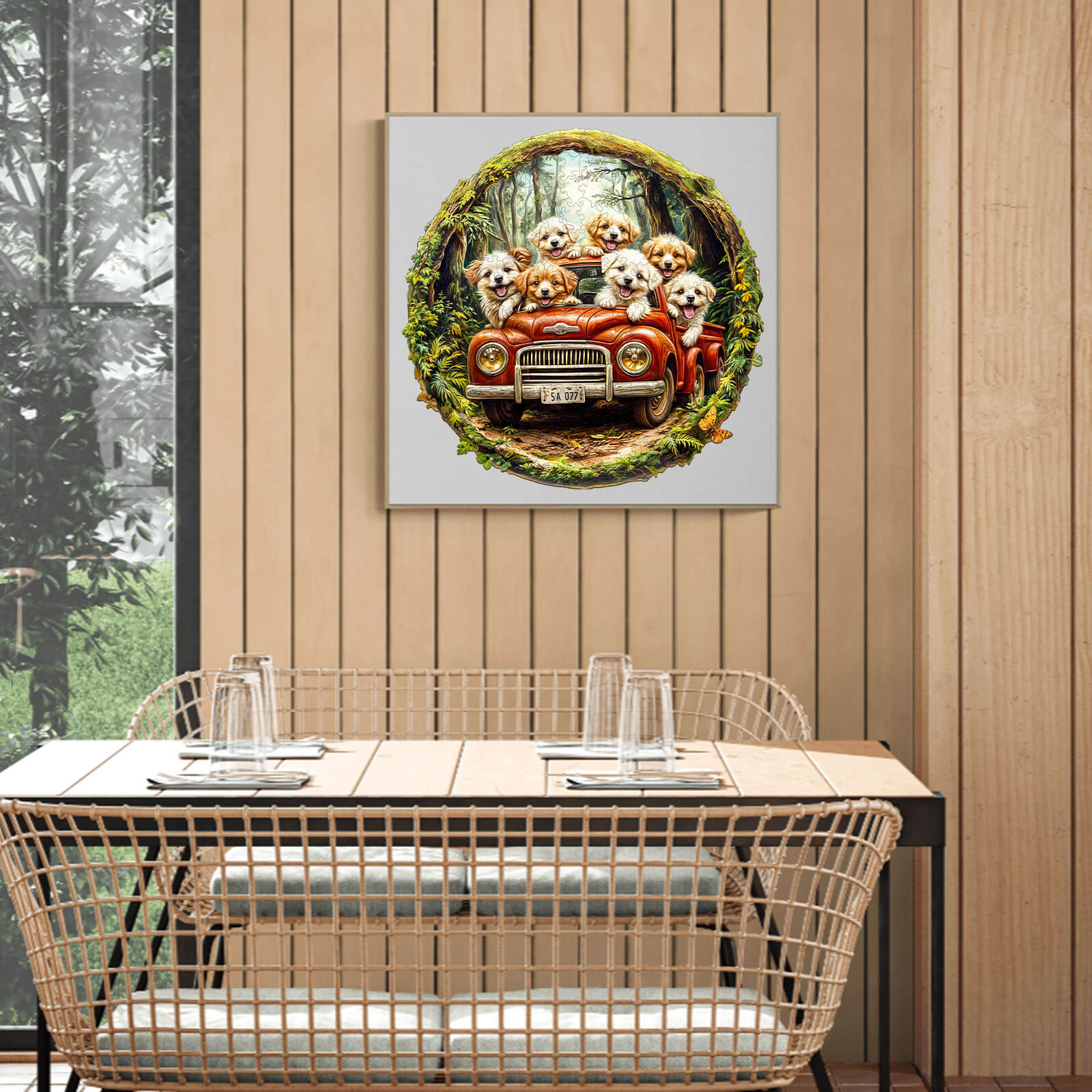 Puppies sitting in a red vintage car surrounded by greenery, creating a charming and warm atmosphere in a modern dining space.