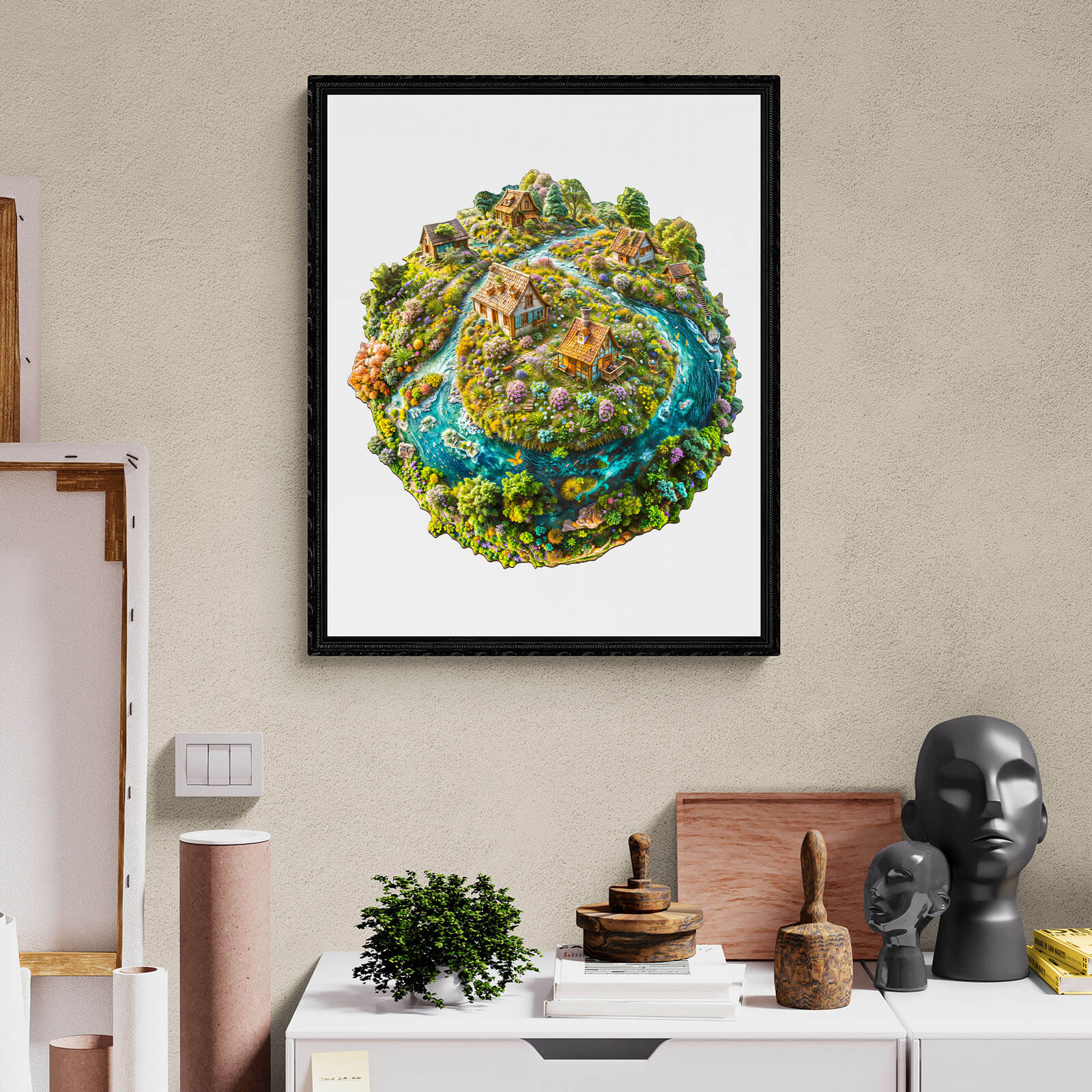 Colorful artwork of a sustainable Earth scene displayed on a modern wall, emphasizing eco-friendliness and artistic design.
