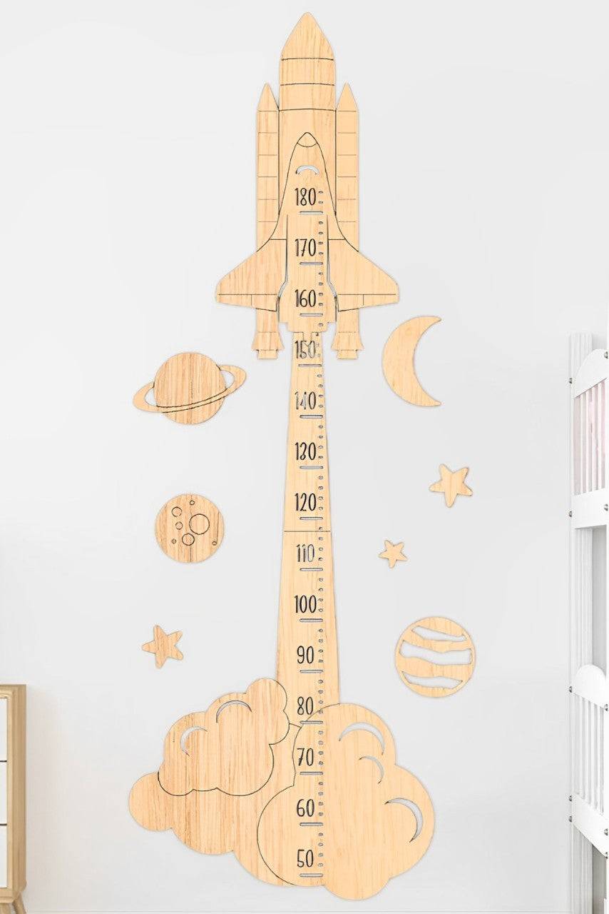 Personalized Wooden Rocket Growth Chart Ruler for kids, featuring vibrant colors and playful design, perfect for any child's room.