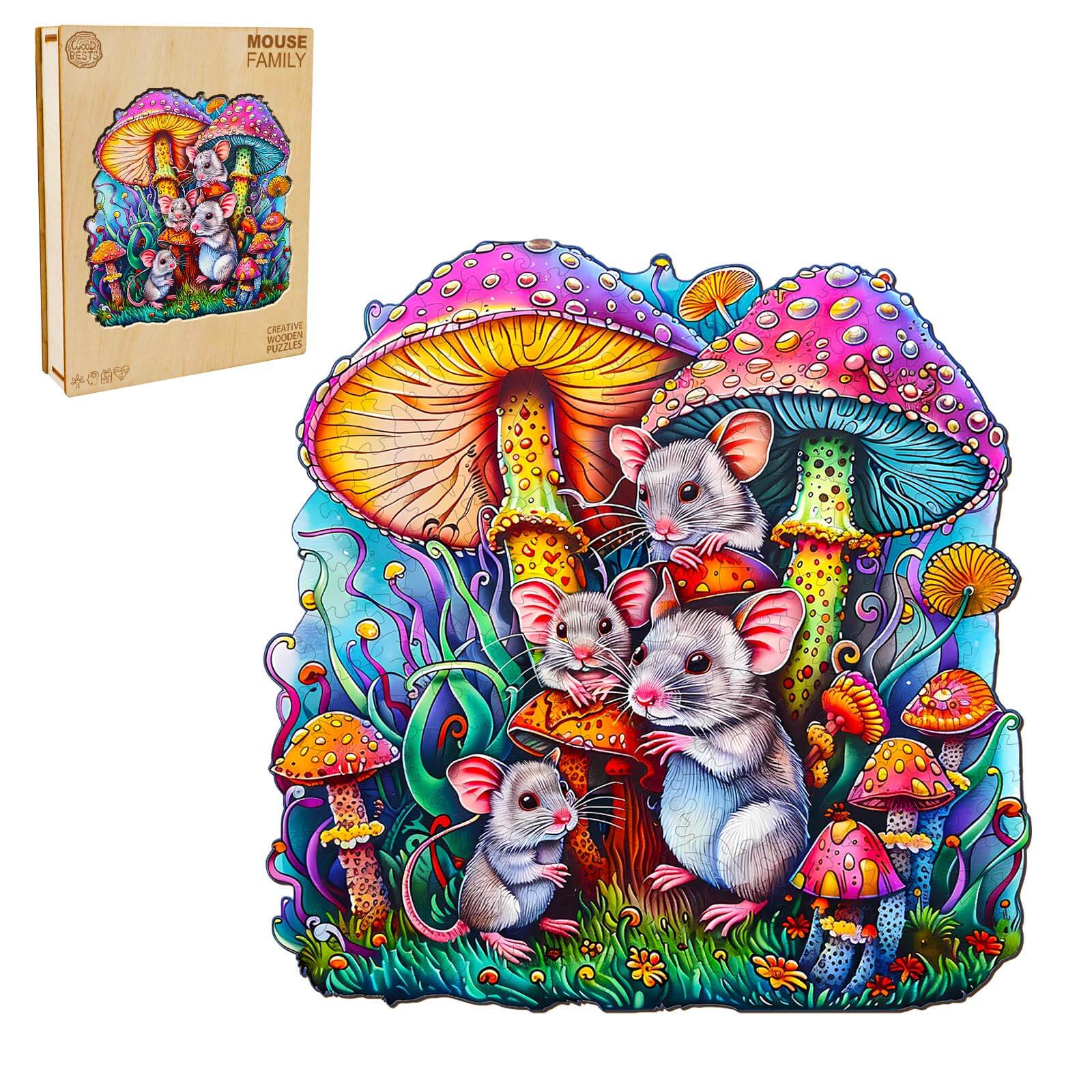 Vibrant Mouse Family wooden jigsaw puzzle with colorful mushrooms, promoting focus and cognitive skills through fun play.