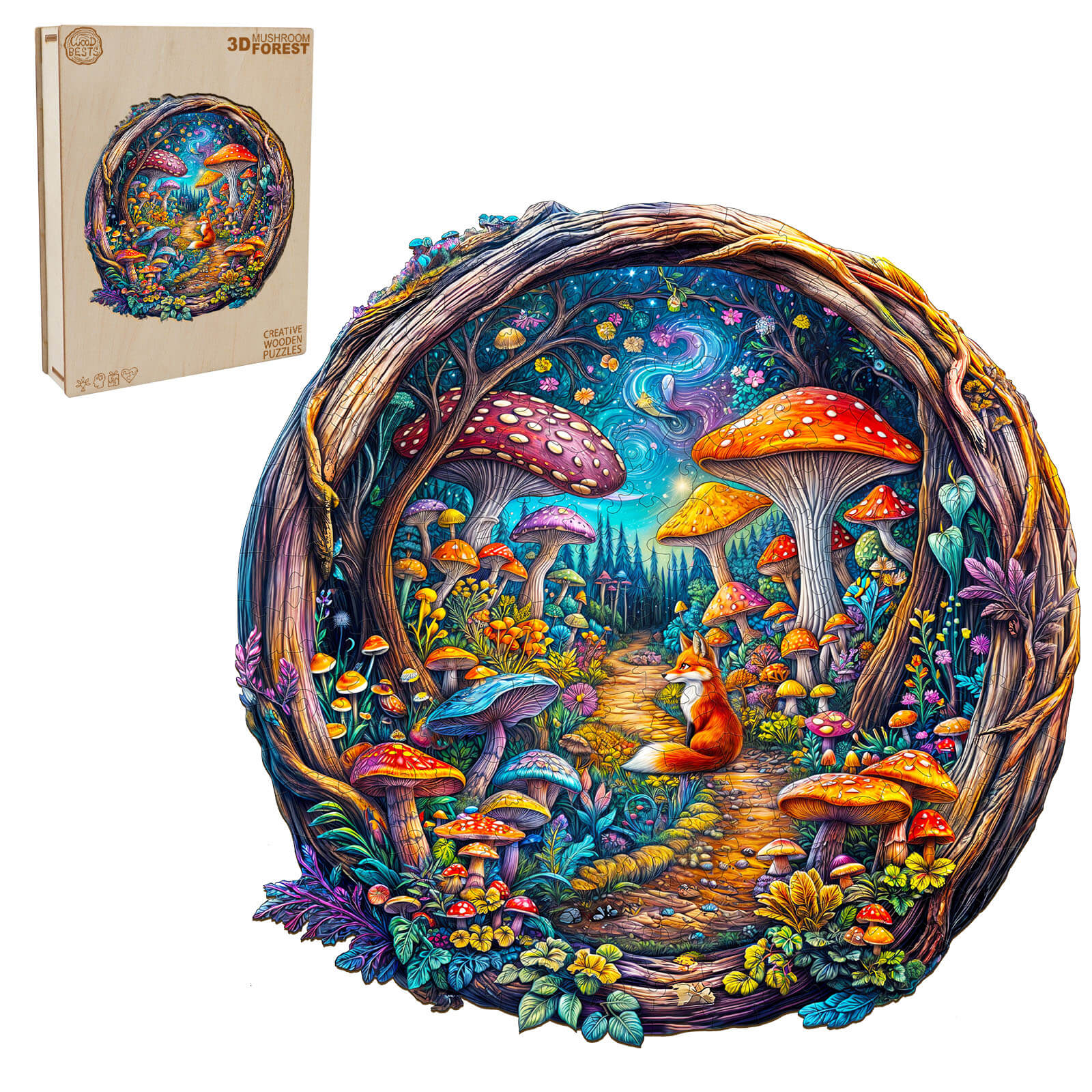 3D Mushroom Forest wooden jigsaw puzzle featuring colorful mushrooms and a playful fox in a whimsical forest setting.
