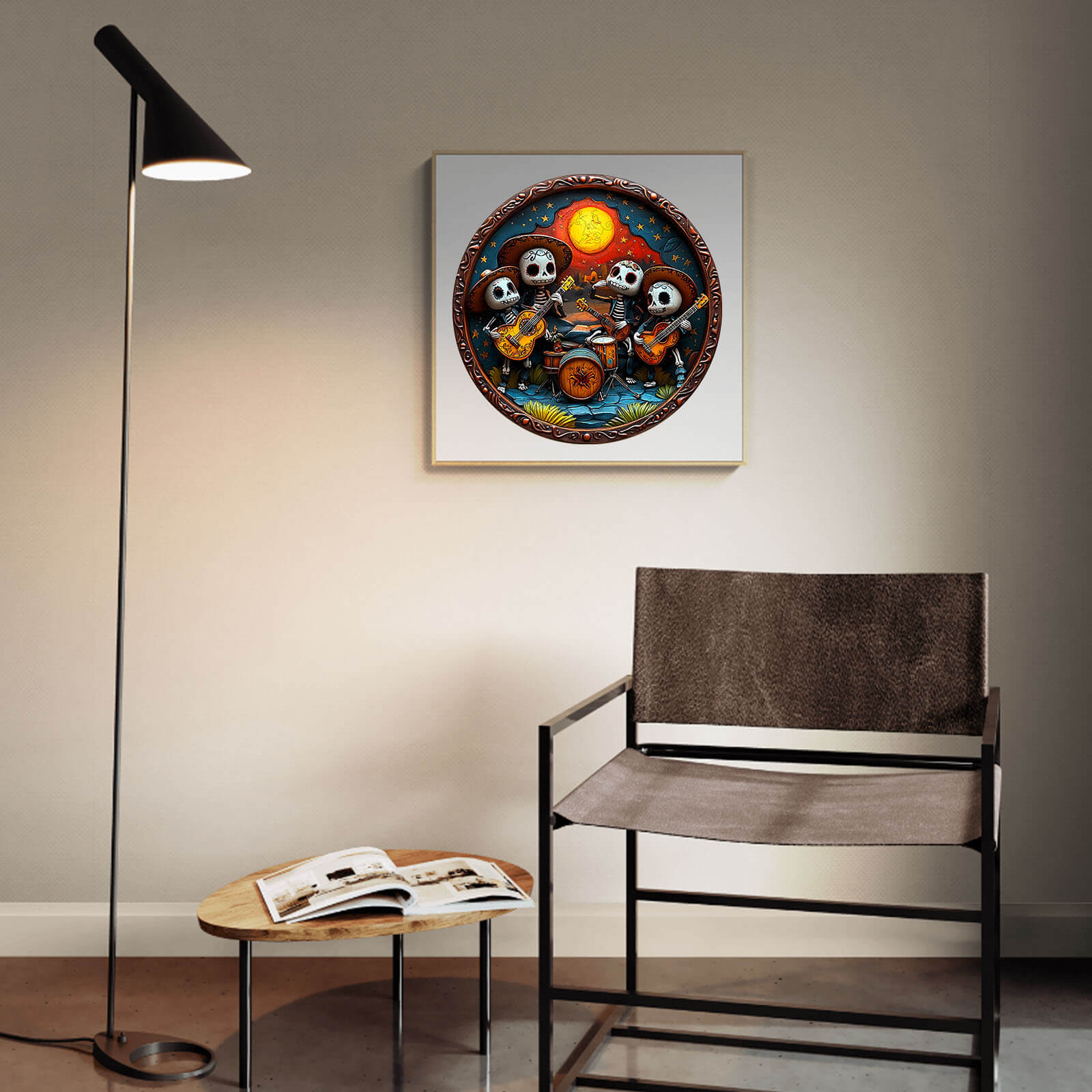 3D Mexican Bands jigsaw puzzle art on wall, featuring skeleton musicians under a sun, enhancing decor and creativity.