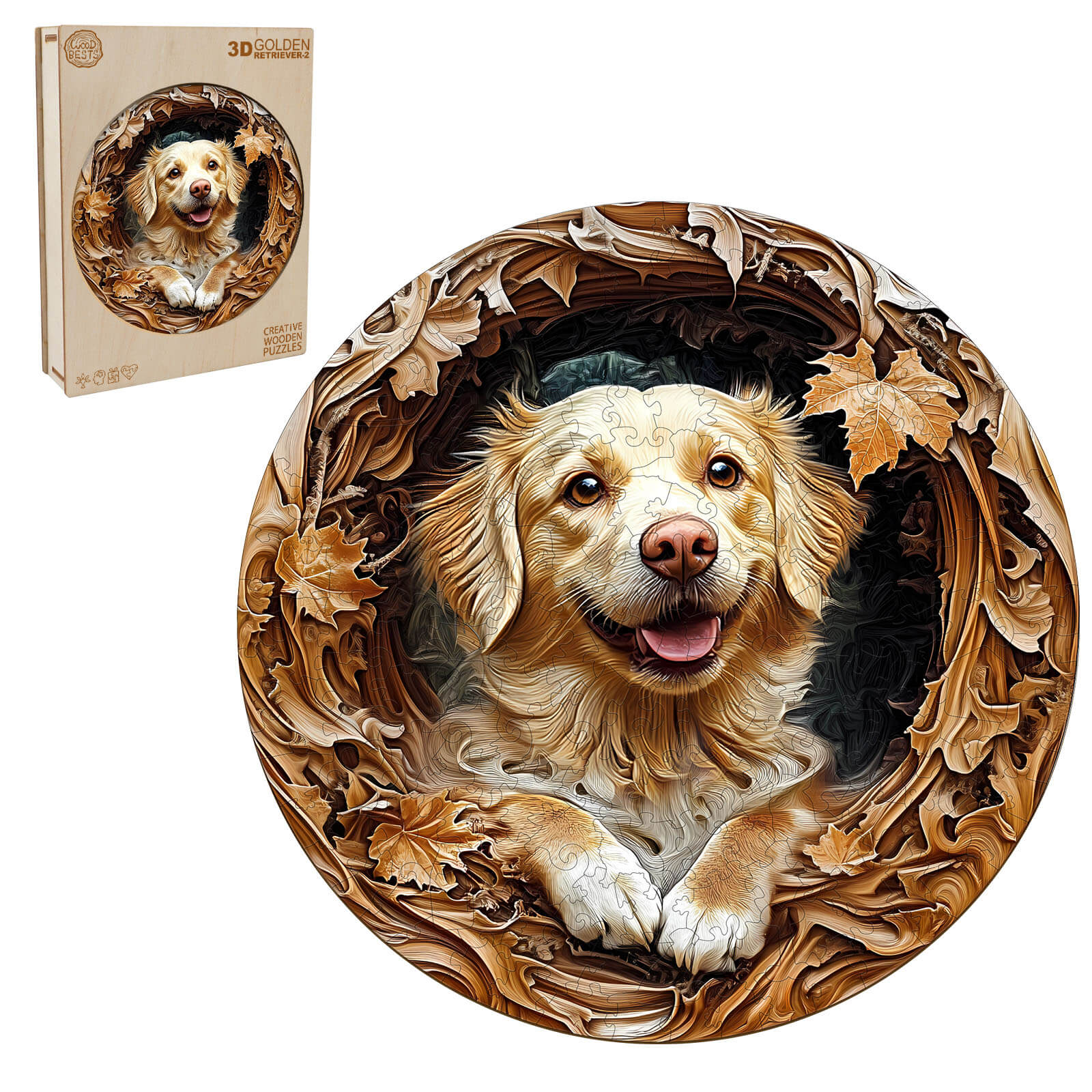 3D Golden Retriever-2 wooden jigsaw puzzle featuring a cheerful dog amidst autumn leaves.