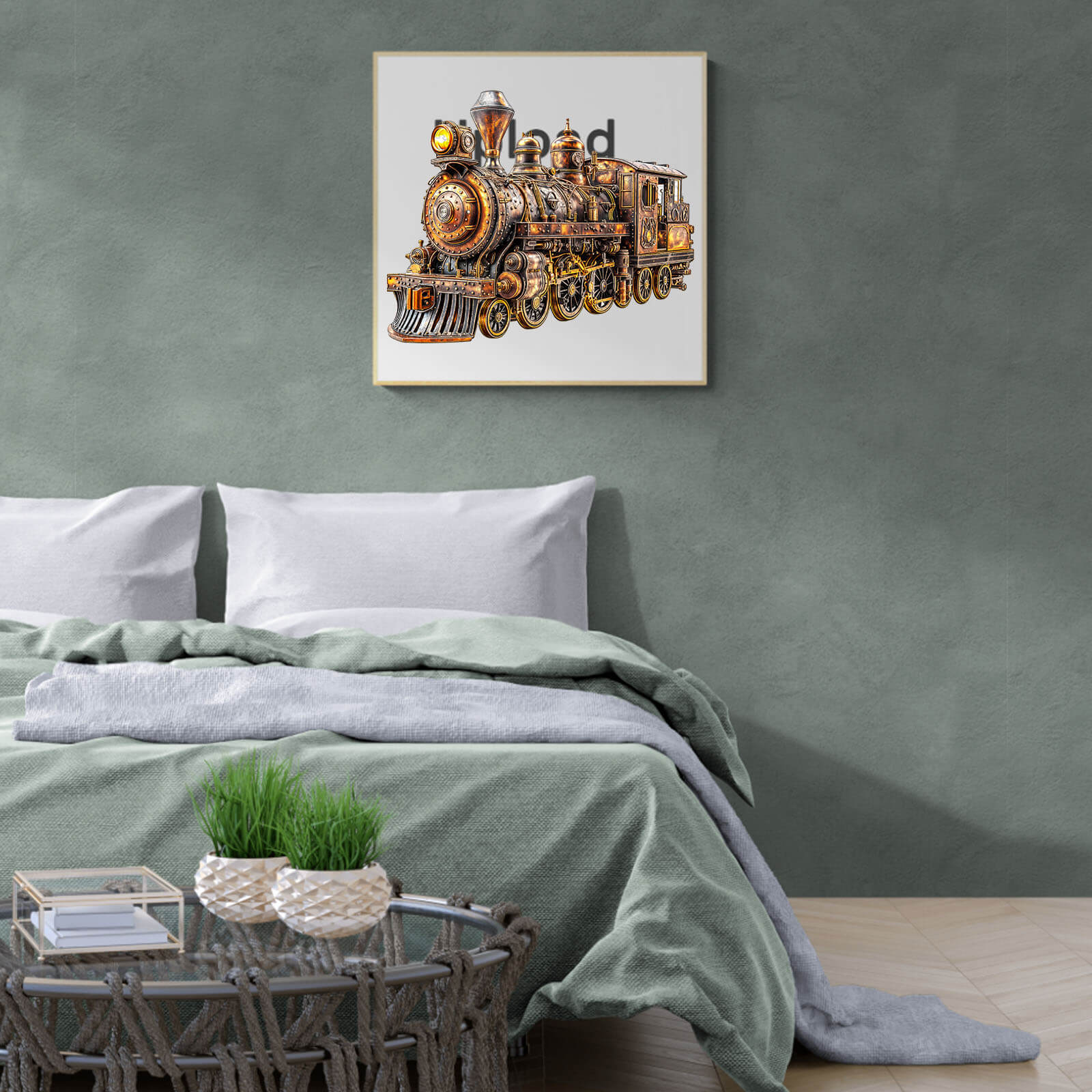 3D Mechanical Steam Train Wooden Jigsaw Puzzle displayed in a cozy bedroom interior with soft bedding and modern decor.