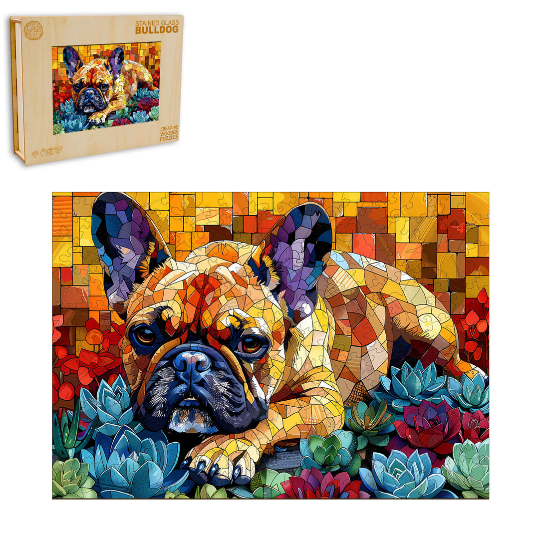 Stained Glass Bulldog Wooden Jigsaw Puzzle - Woodbests