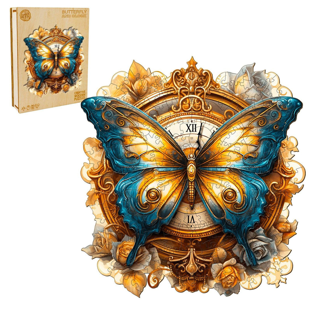 Butterfly And Clock Wooden Jigsaw Puzzle-Woodbests