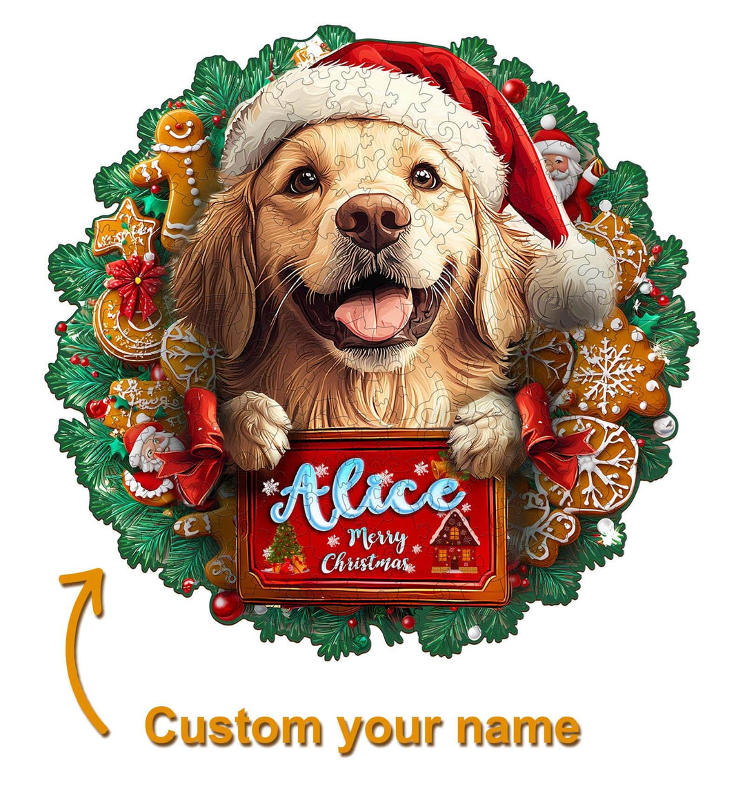 Christmas Golden Retriever Custom Name Wooden Jigsaw Puzzle