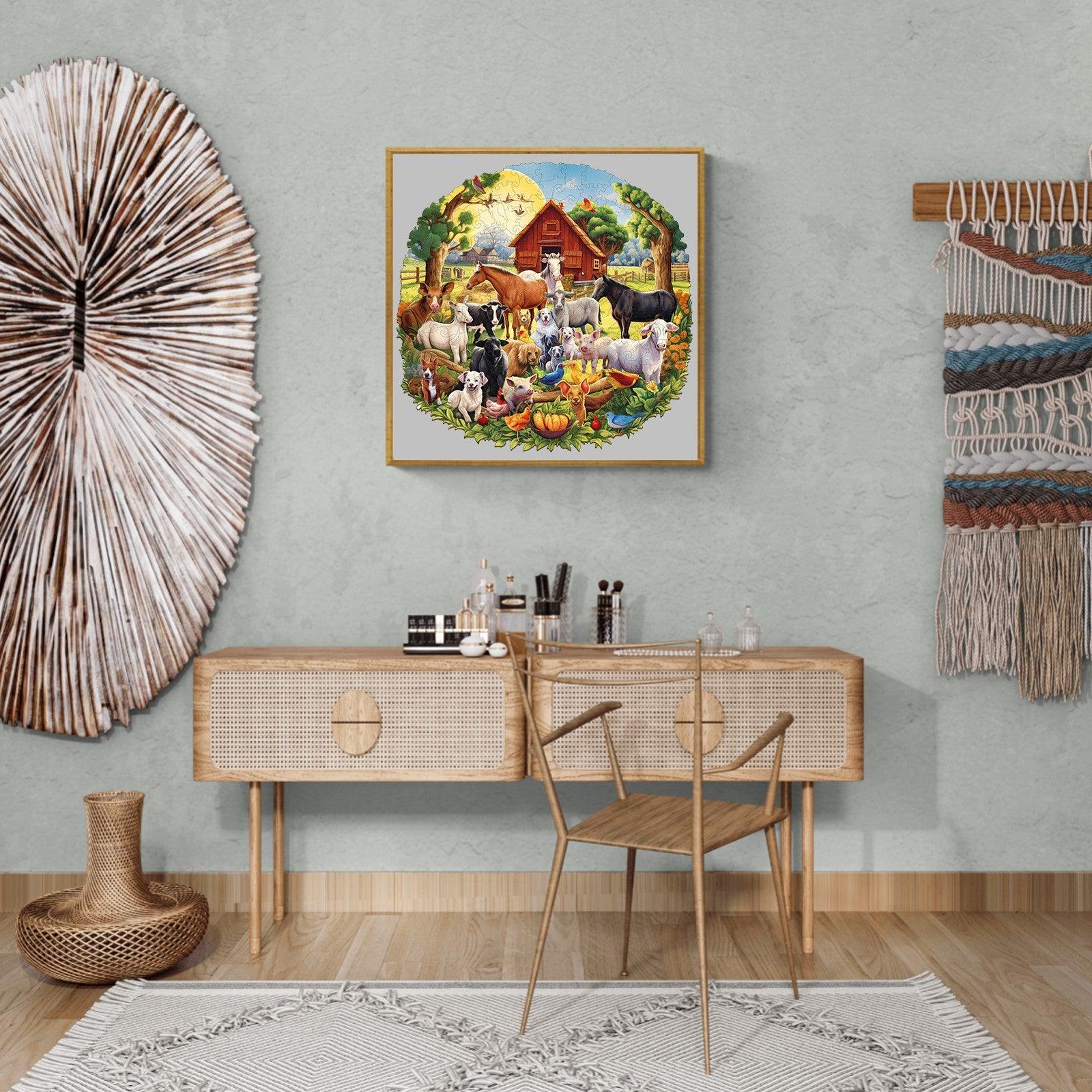 Colorful Fun Farm Wooden Jigsaw Puzzle art displayed in a cozy modern room, featuring various animals and a barn.