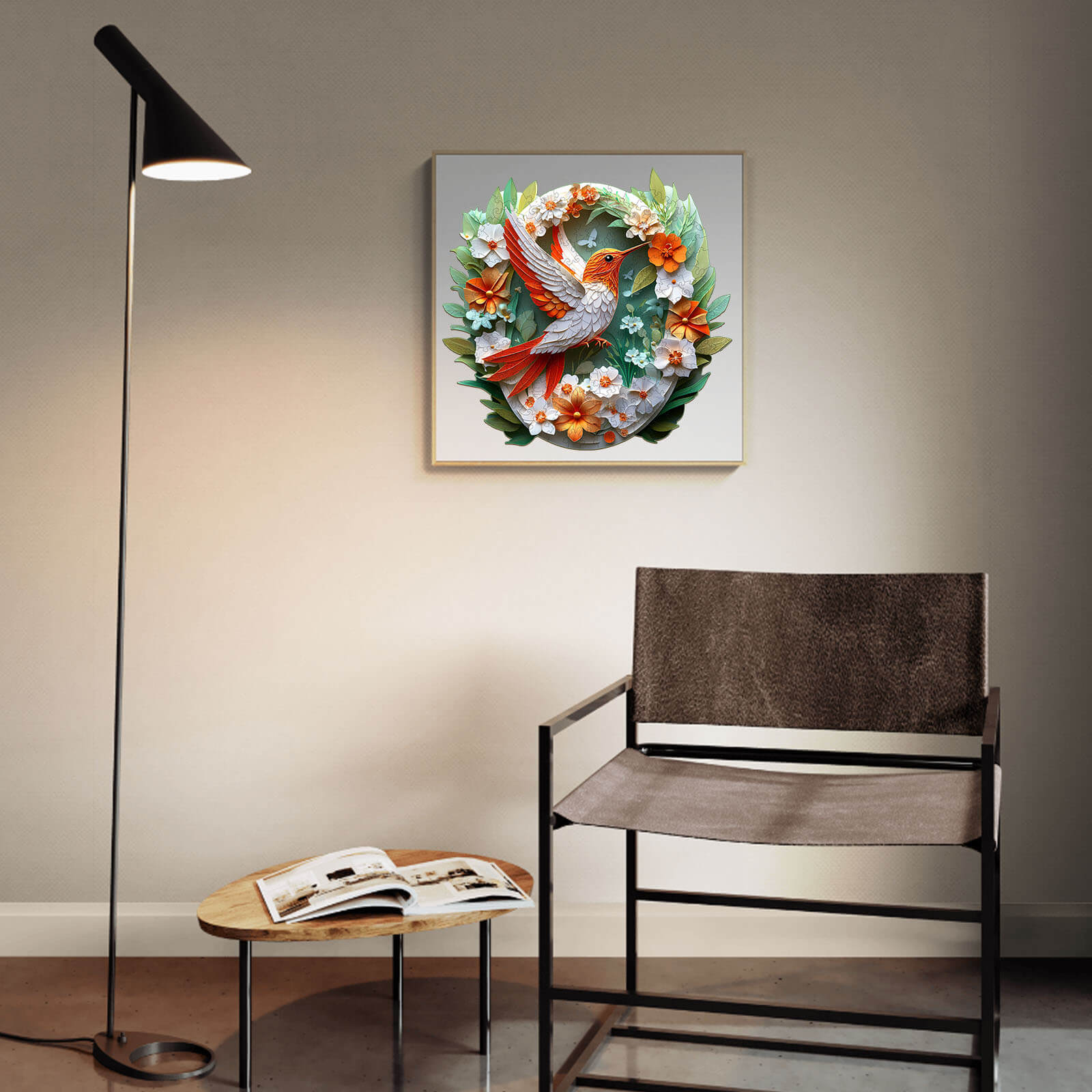 3D colored paper carving hummingbird jigsaw puzzle displayed in a stylish room with modern decor.