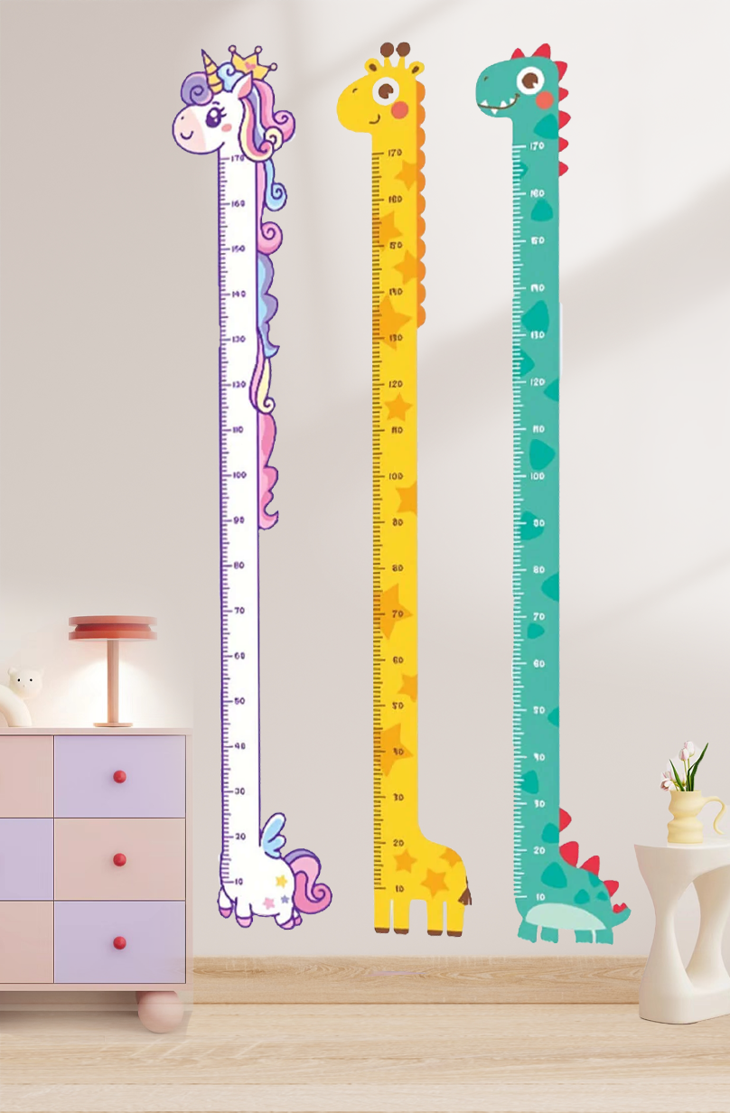 Autocollant mural pour bébé en forme de licorne, girafe et dinosaure, tableau de croissance en hauteur