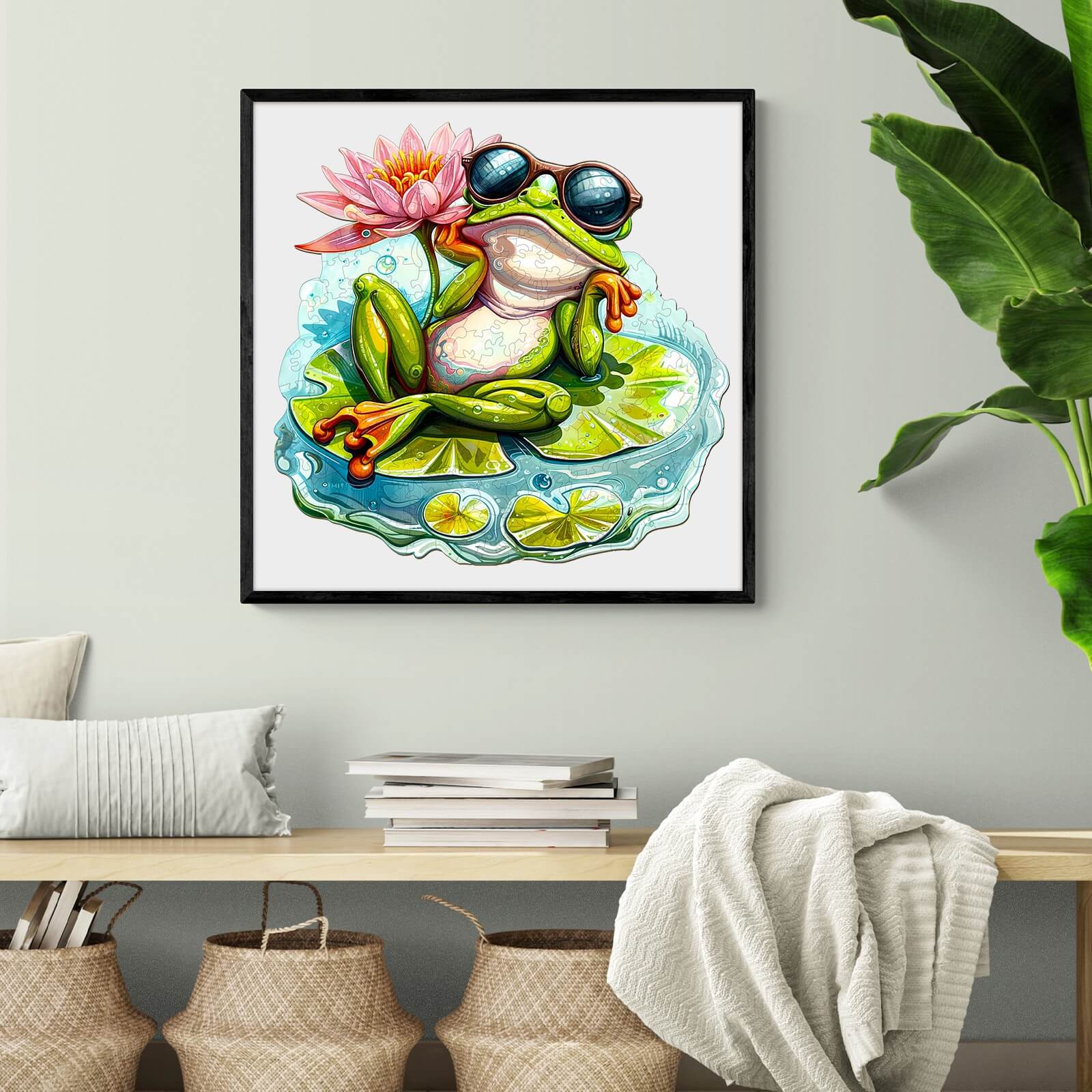 Colorful frog relaxing on a lily pad with sunglasses and a flower, perfect for a playful home decor.