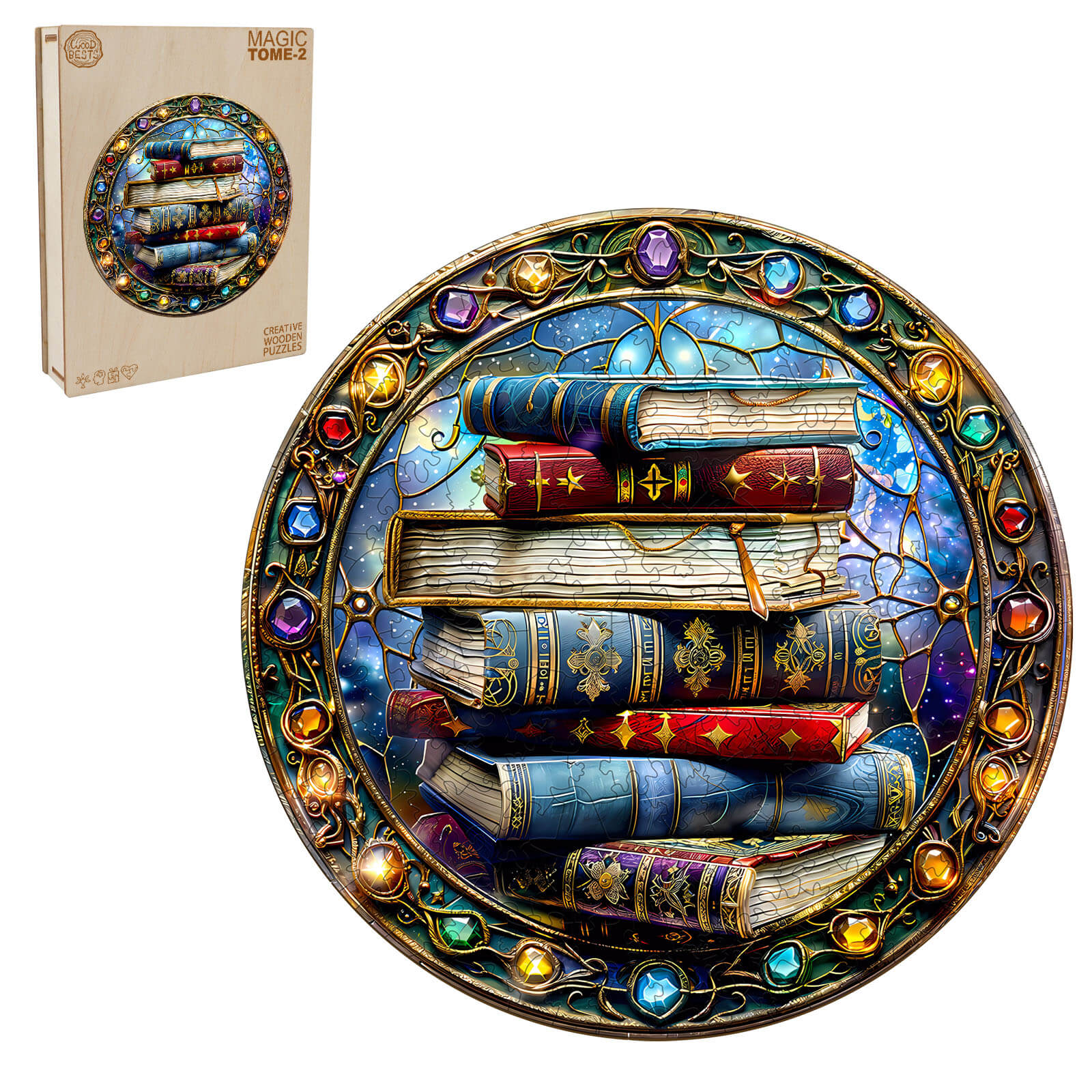 Magic Tome-2 Wooden Jigsaw Puzzle featuring colorful stacked books in a mystical design, promoting focus and problem-solving.