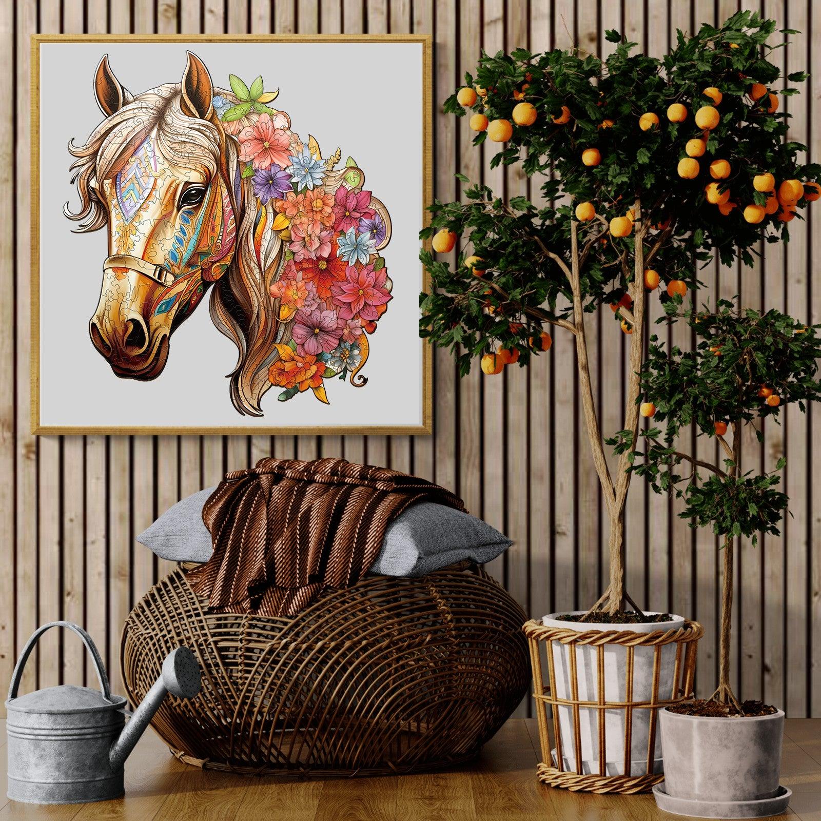 Colorful horse portrait surrounded by a vibrant flower design, complementing a cozy home decor setting.
