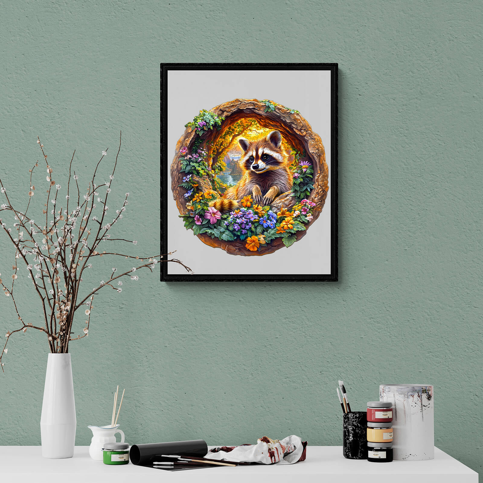 Framed 3D raccoon illustration surrounded by flowers, perfect for a vacation-themed decor.