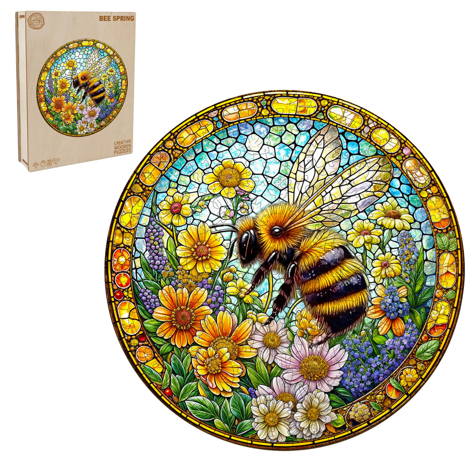Bee Spring Wooden Jigsaw Puzzle with vibrant floral design and a honeybee, ideal for enhancing focus and cognitive skills.