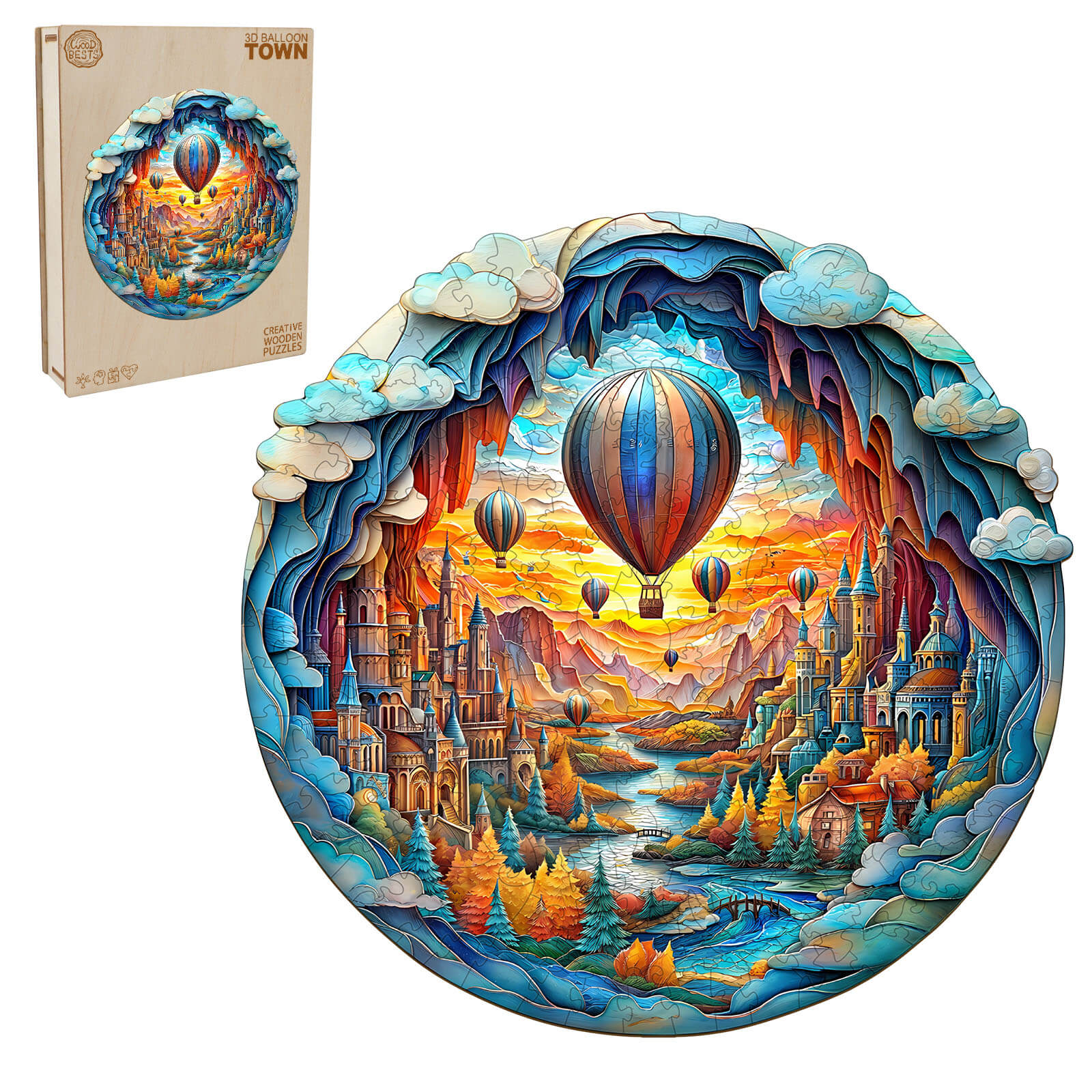 3D Balloon town wooden jigsaw puzzle featuring colorful hot air balloons and a scenic landscape in a circular design.