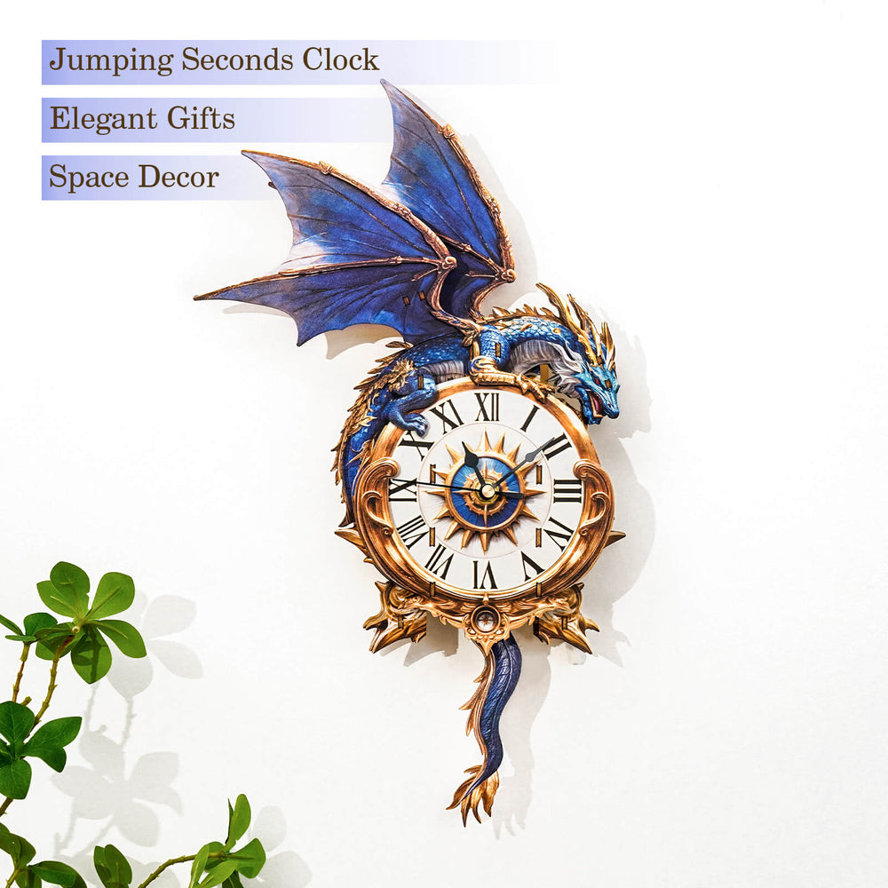 Blue dragon jumping seconds clock on wall, elegant gift for space decor lovers. Intricate design and stylish craftsmanship.