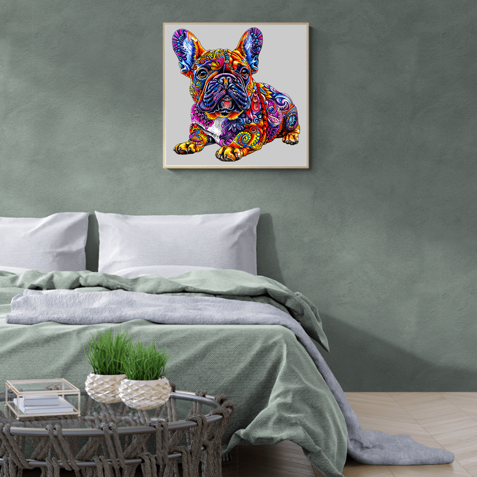 Colorful French Bulldog artwork in a cozy bedroom, adding artistic flair to the decor.