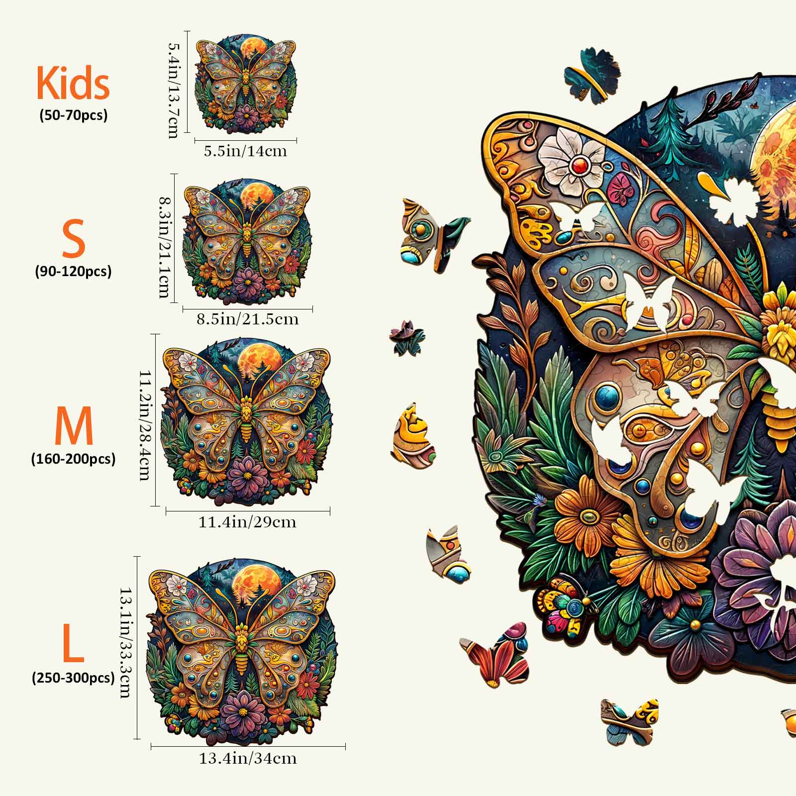 Colorful Ancient Butterfly-1 wooden jigsaw puzzle sizes for kids and adults, showcasing unique designs and piece counts.