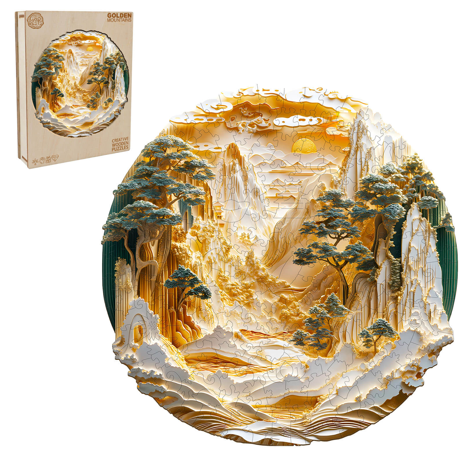 3D Golden Mountains wooden jigsaw puzzle, enhancing focus and problem-solving skills, with beautiful golden landscape design.