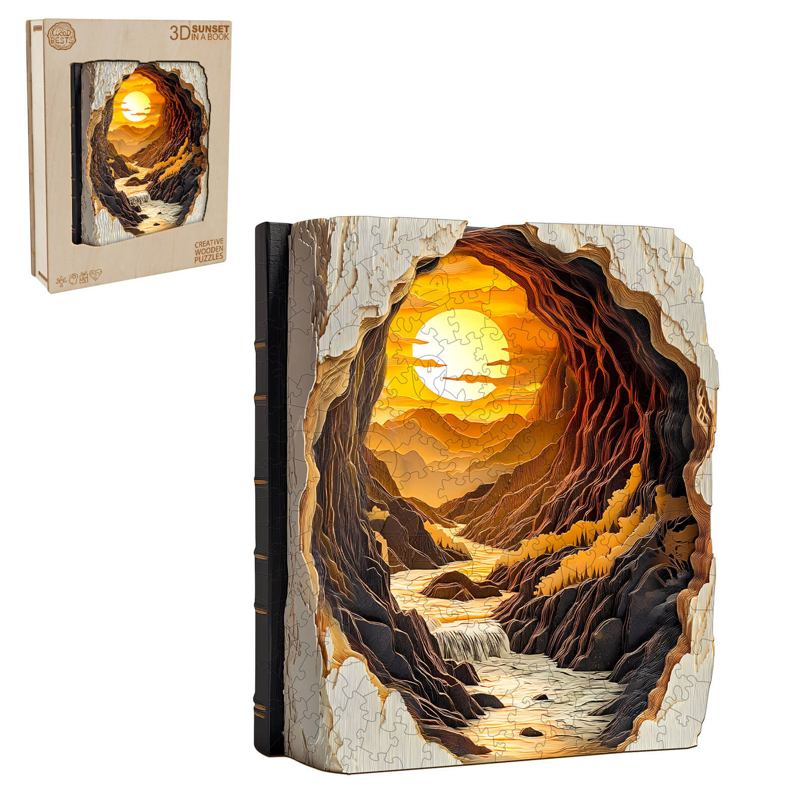 3D Sunset in a Book wooden jigsaw puzzle, featuring vibrant sunset and detailed landscape design for mind games.