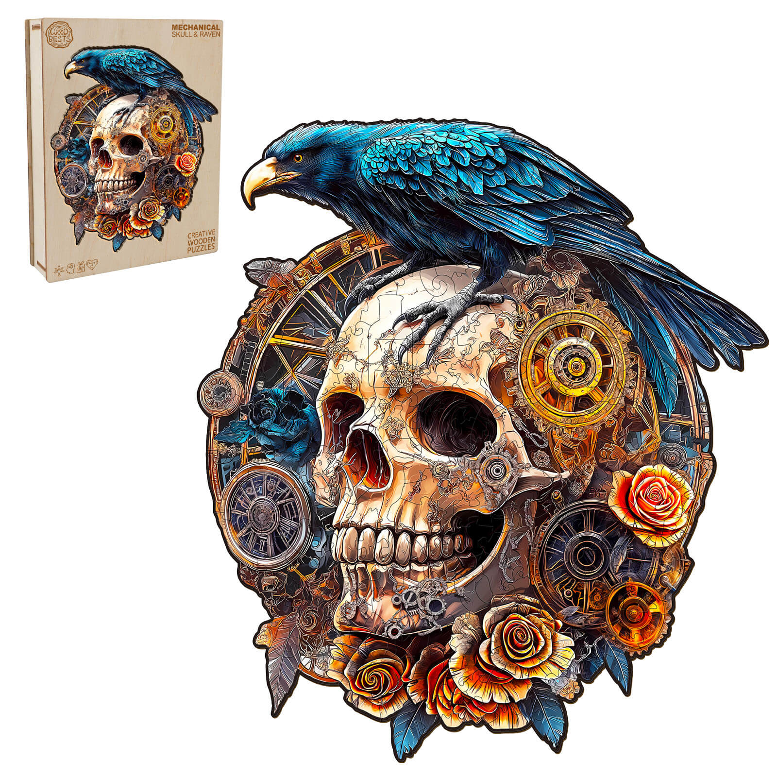 3D Mechanical Skull & Raven wooden jigsaw puzzle, featuring intricate design and vibrant colors for a mind-challenging experience.