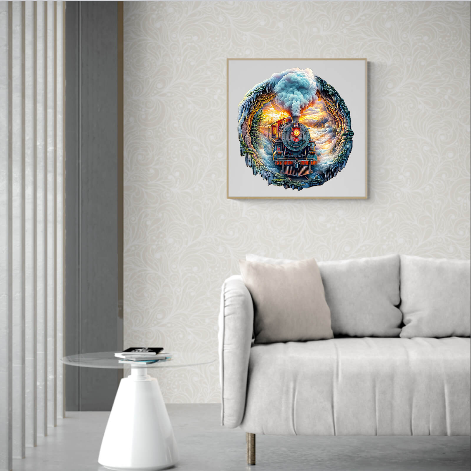 3D Steam Train artwork in a cozy living room, showcasing vibrant colors and intricate design.